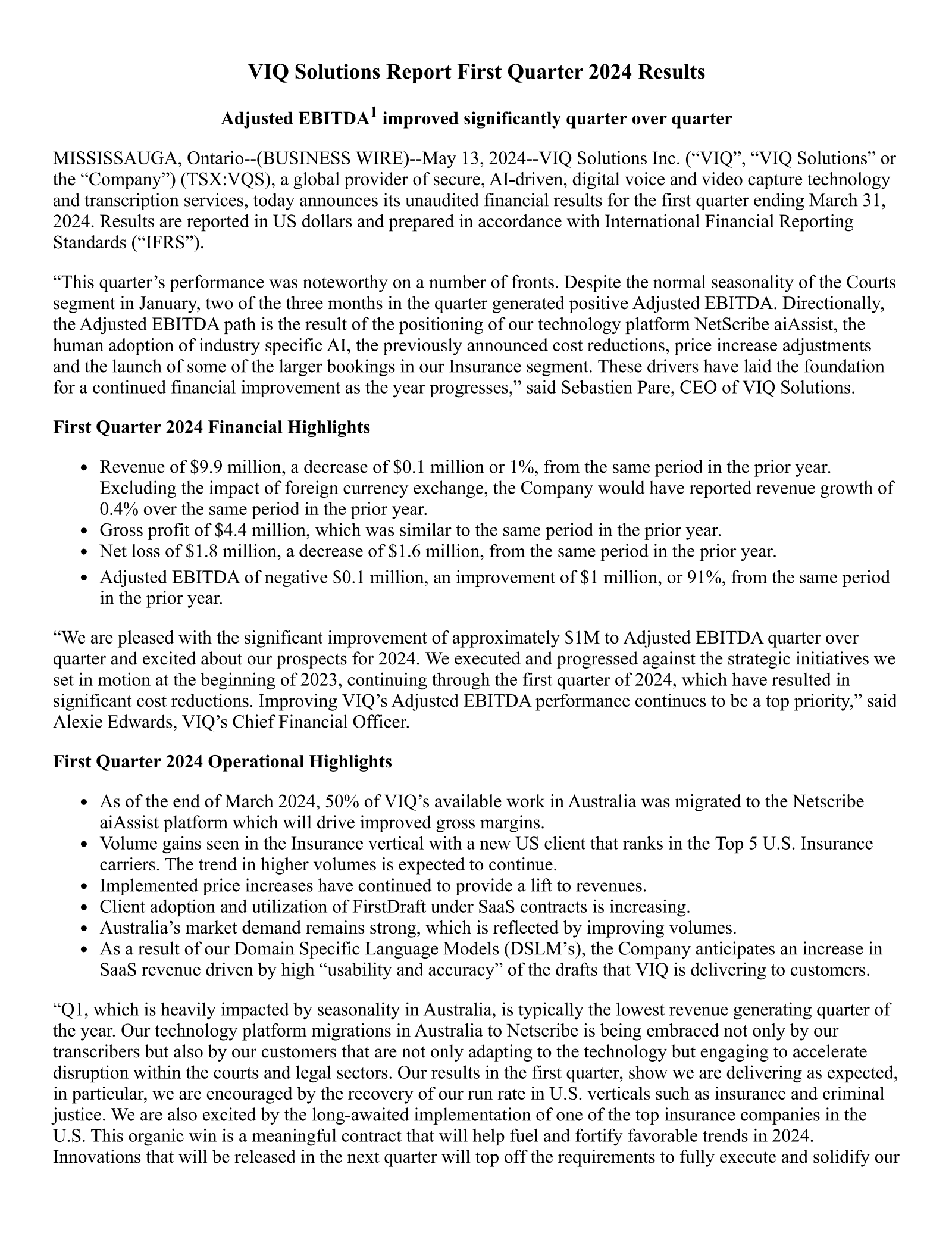 VIQ Solutions' Q1 2024 Interim report