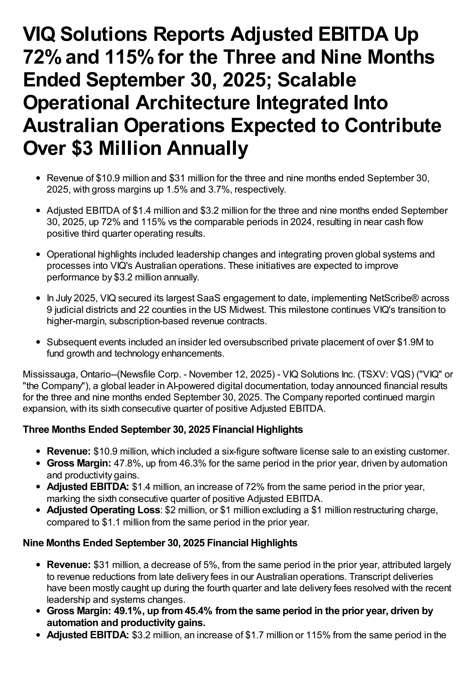 VIQ Solutions' Q3 2025 Earnings Release