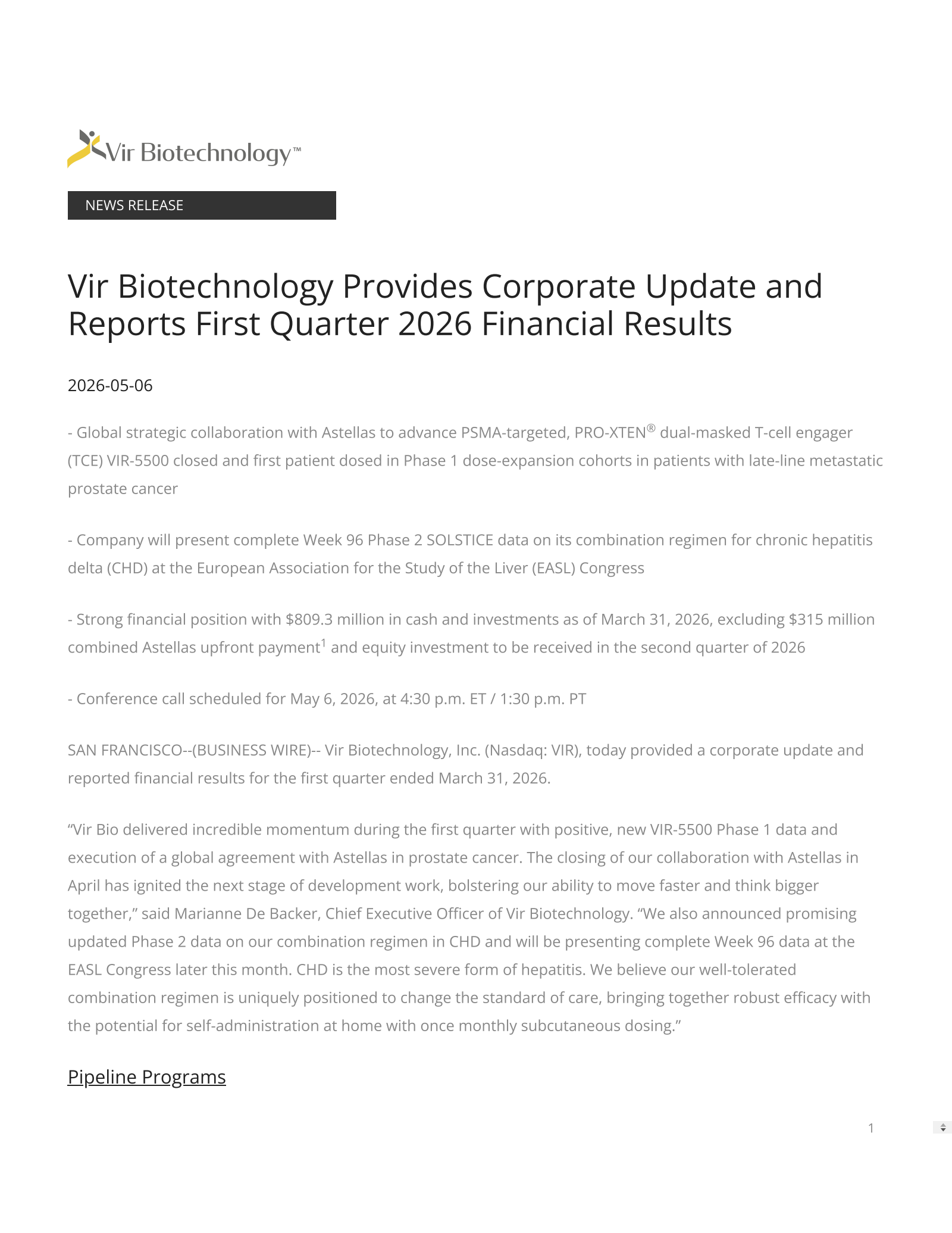 Vir Biotechnology's Q1 2026 Press Release