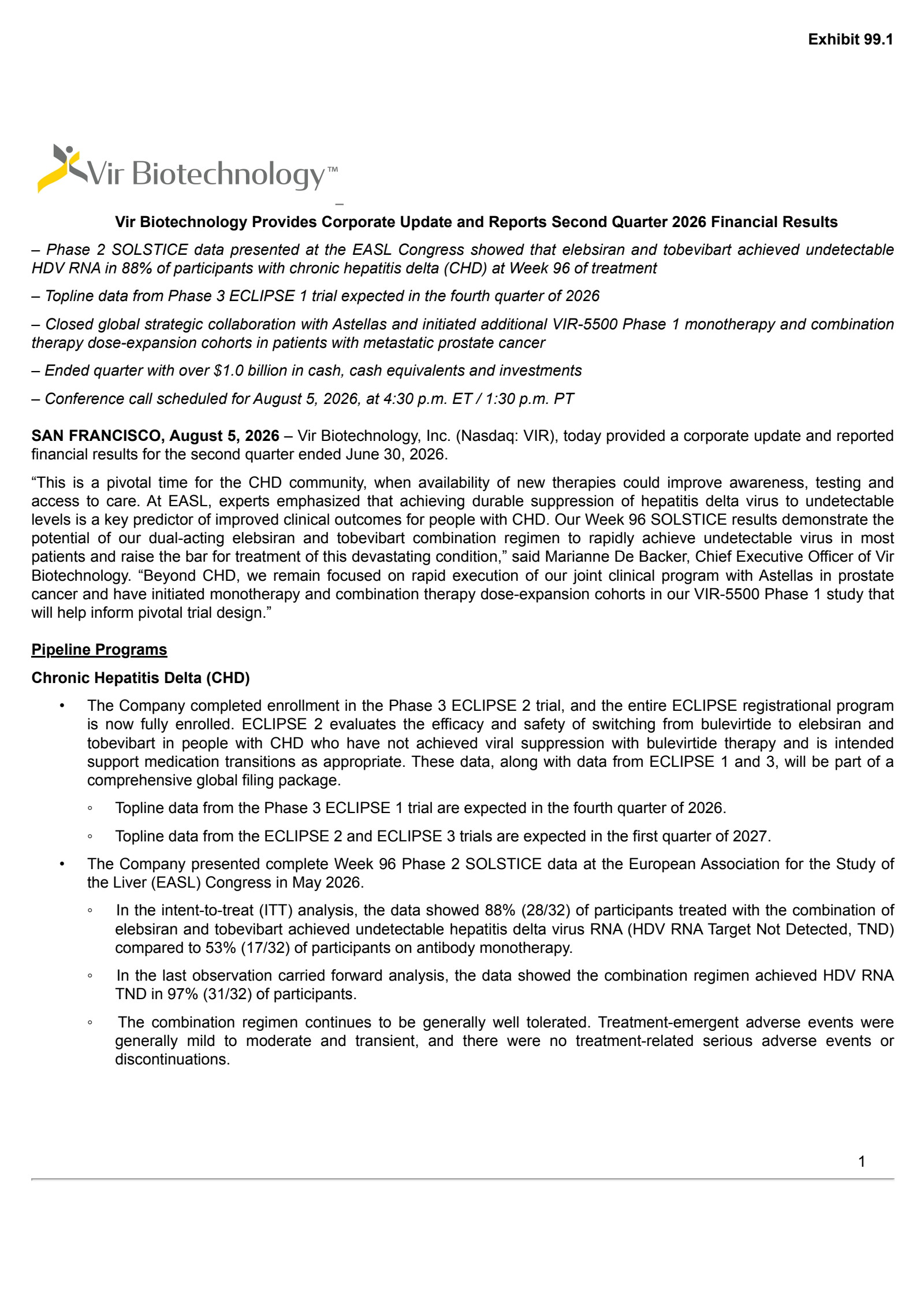 Vir Biotechnology's Q2 2026 Press Release