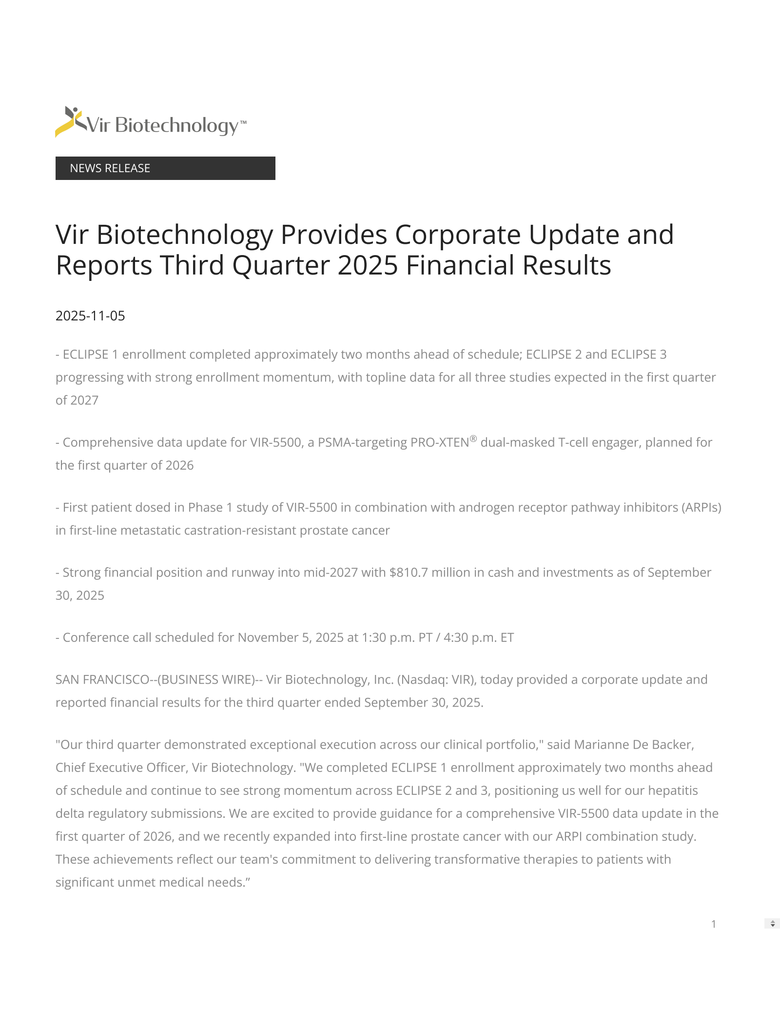 Vir Biotechnology's Q3 2025 Earnings Release