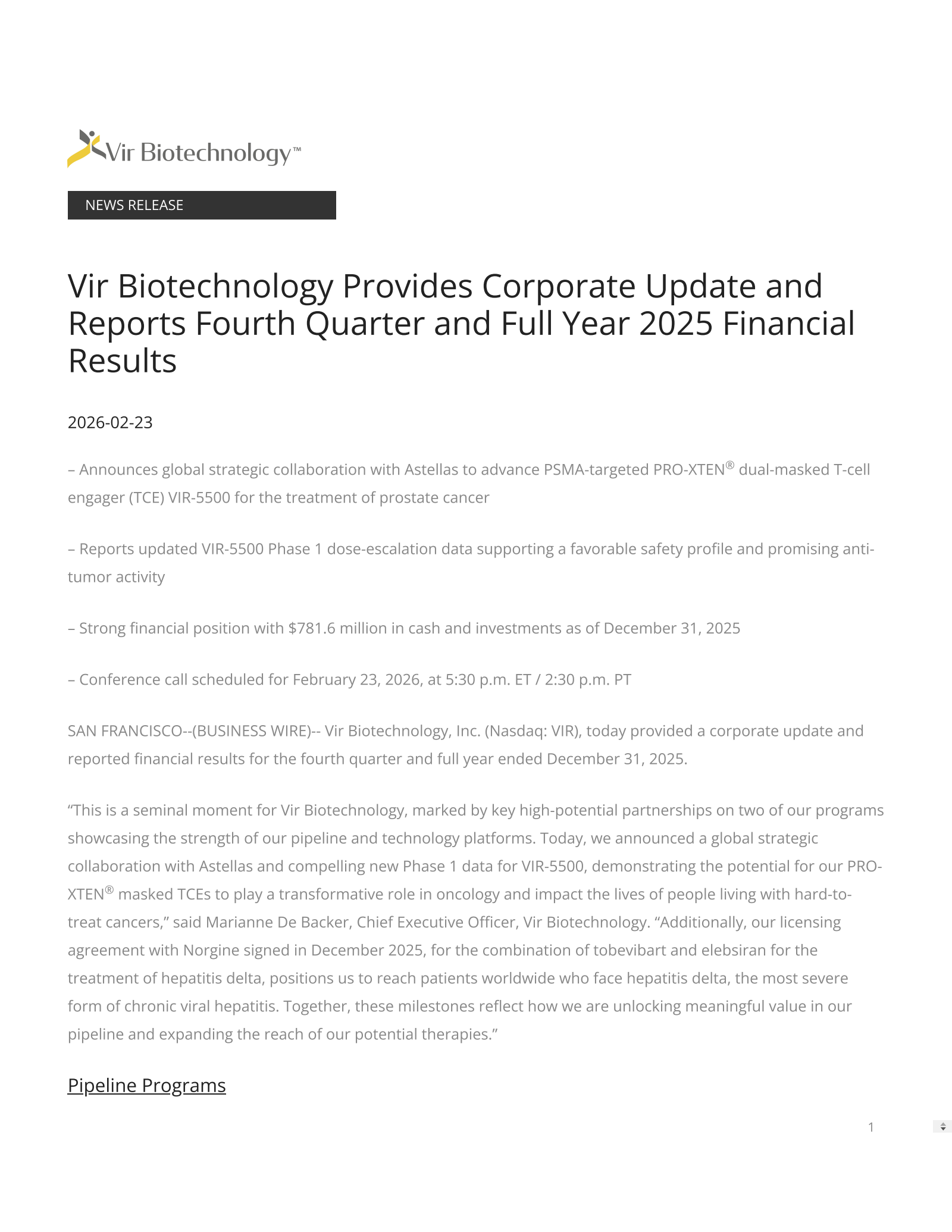 Vir Biotechnology's Q4 2025 Press Release
