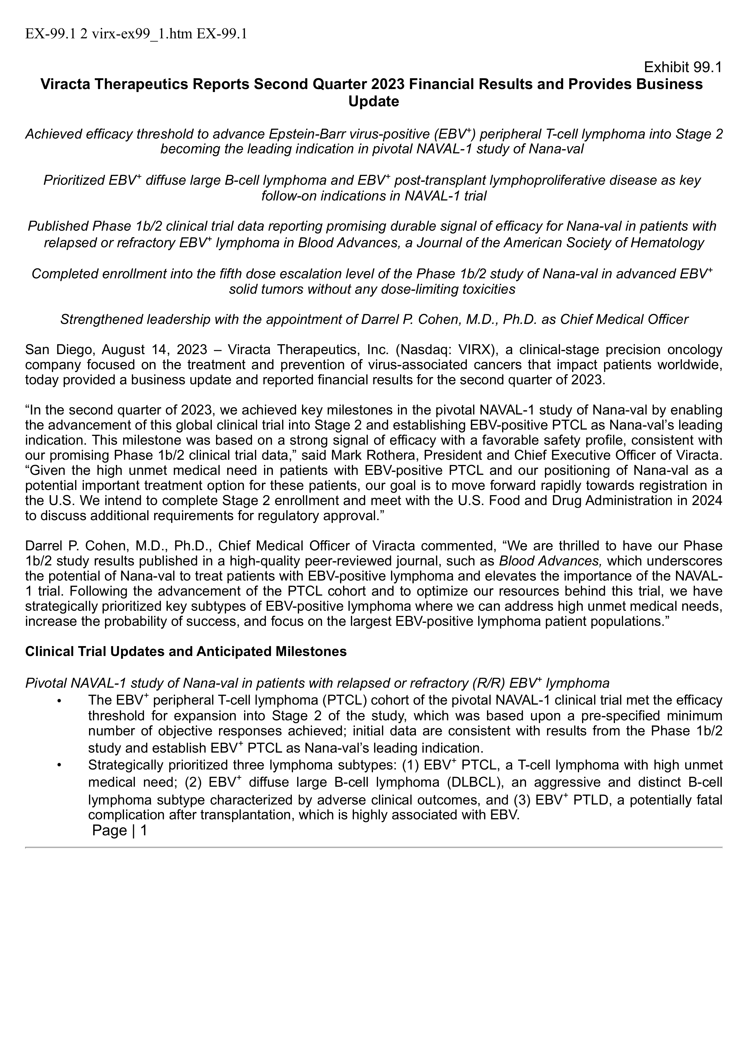 Viracta Therapeutics' Q2 2023 Press Release