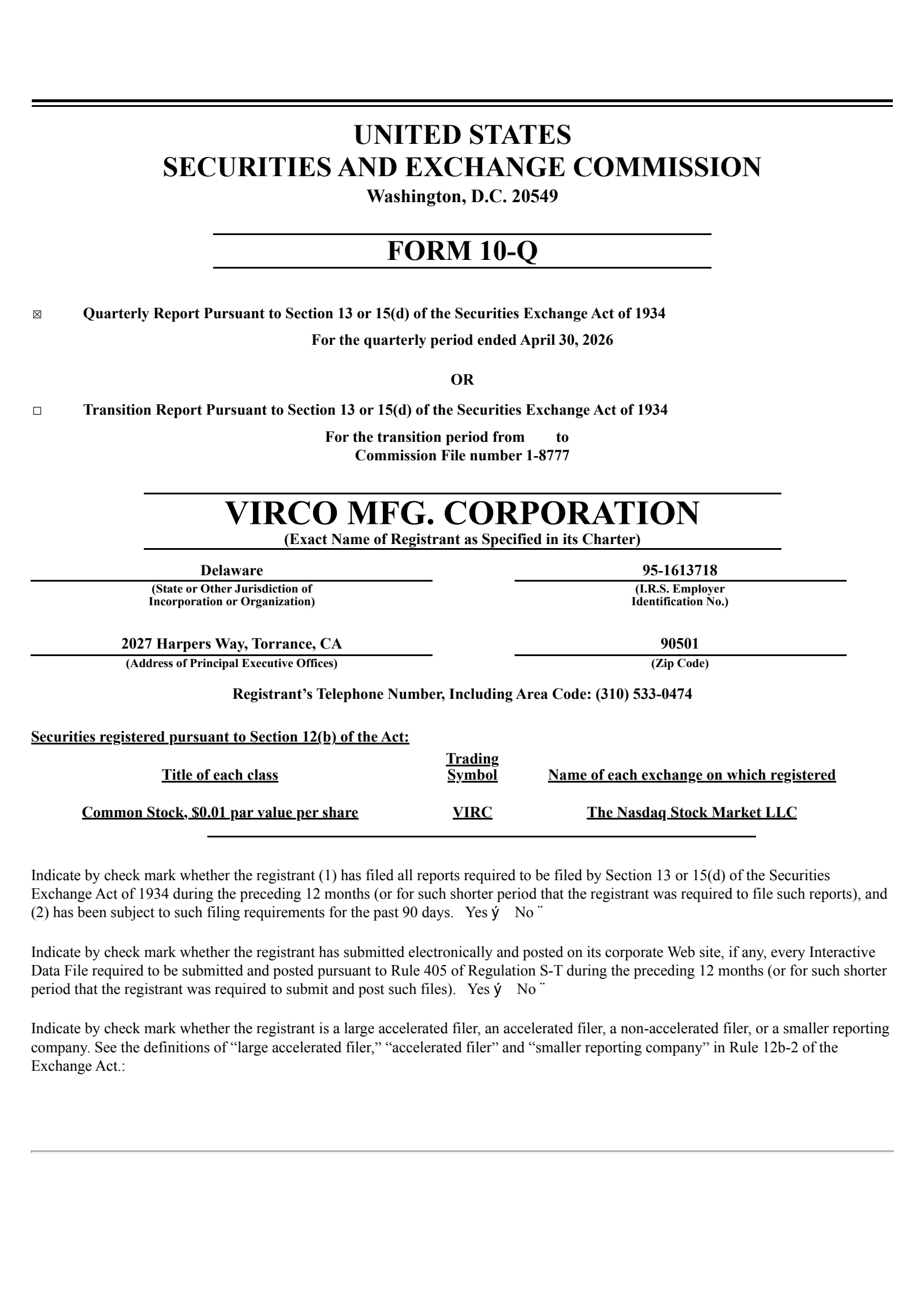 Virco Manufacturing's Q1 2027 Quarterly report