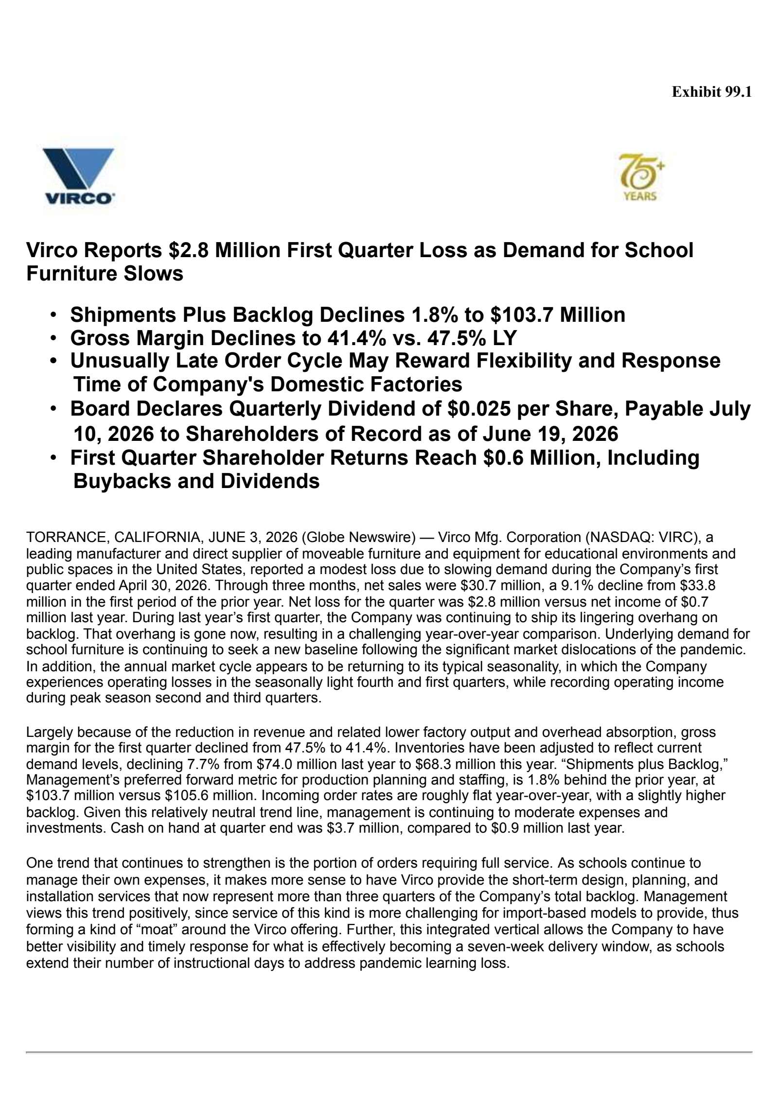 Virco Manufacturing's Q1 2027 Press Release