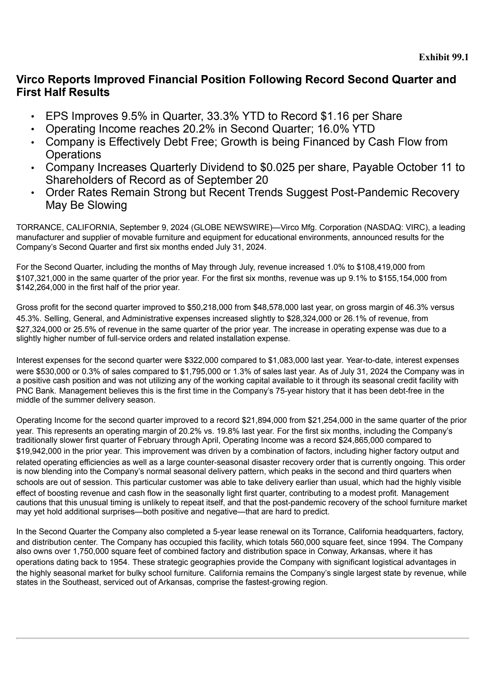 Virco Mfg.'s Q2 2025 Press Release