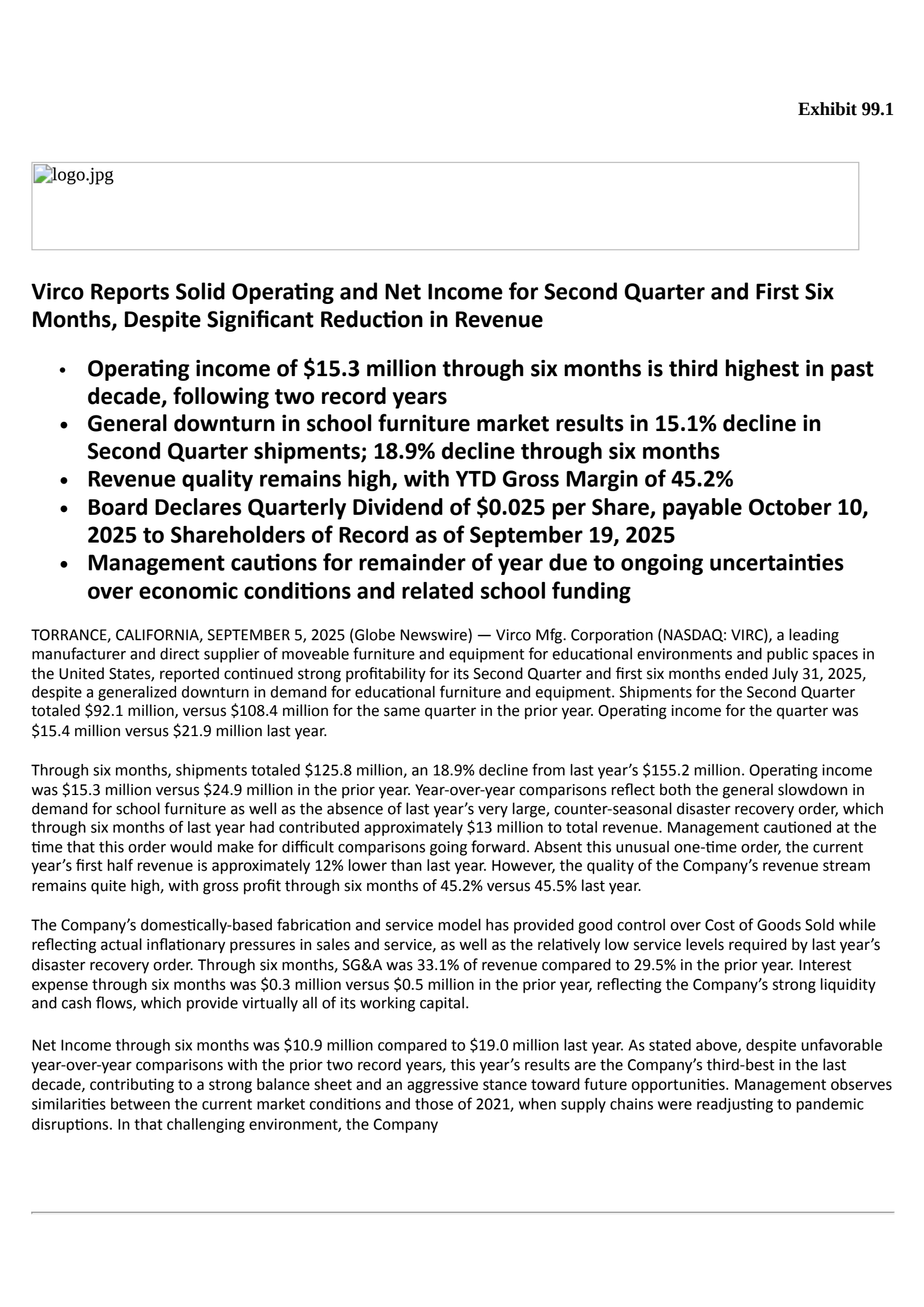 Virco Manufacturing's Q2 2026 Press Release