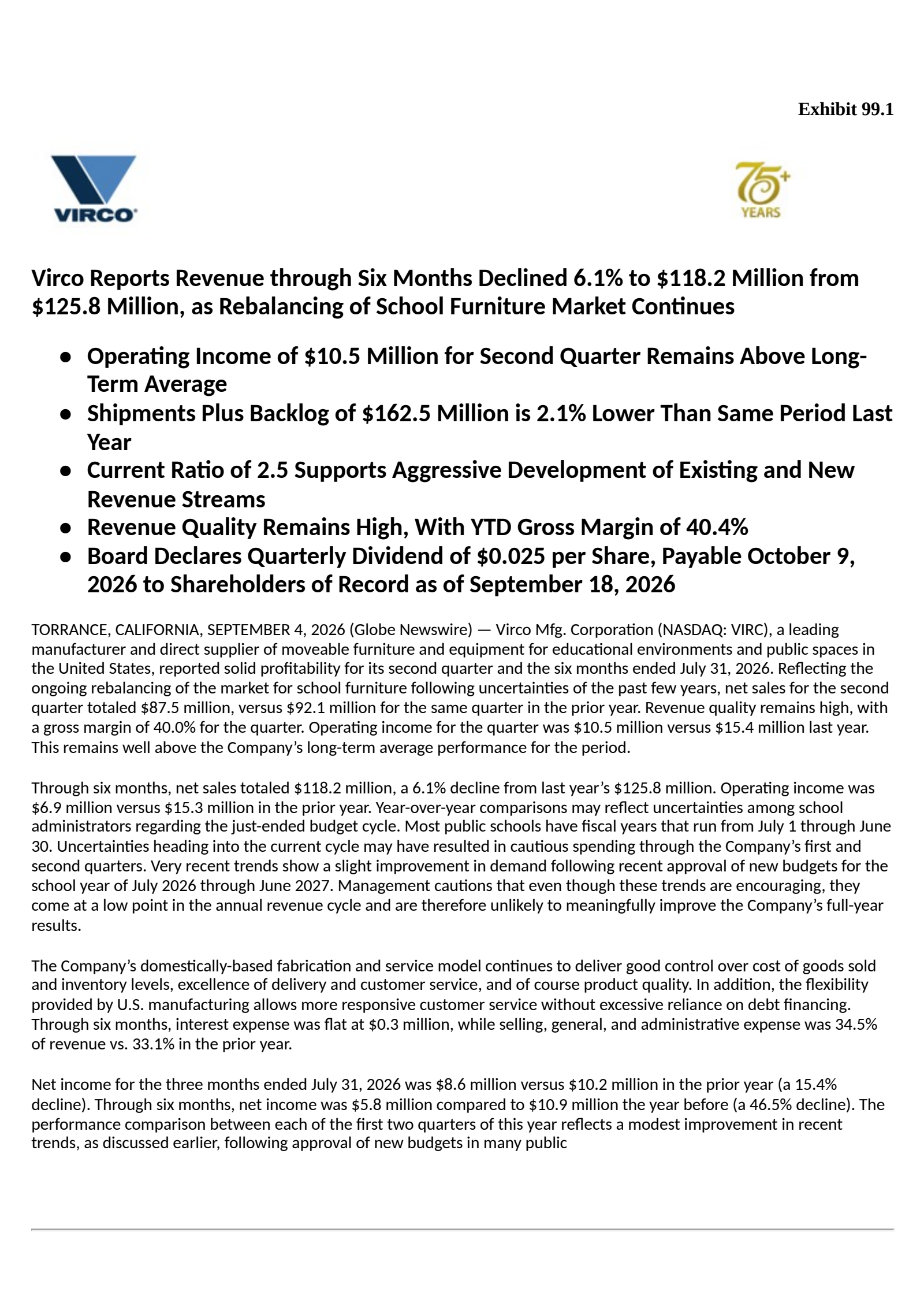 Virco Manufacturing's Q2 2027 Press Release