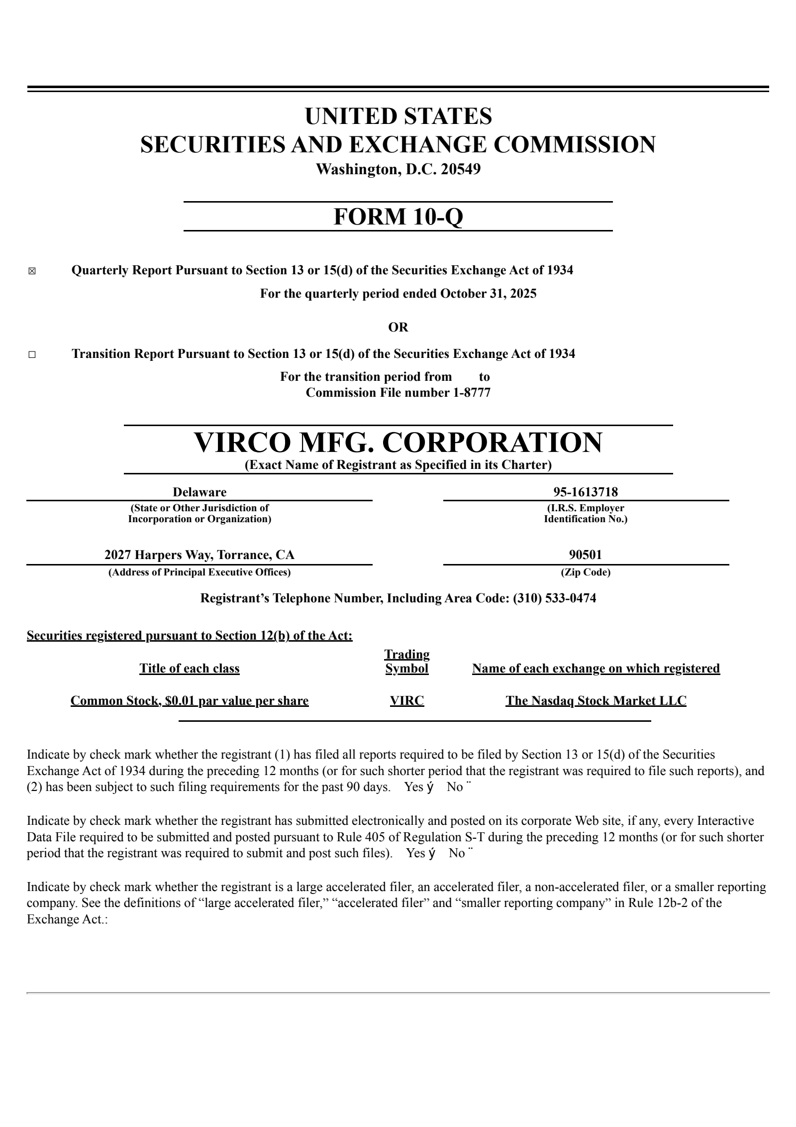 Virco Manufacturing's Q3 2026 Quarterly Report