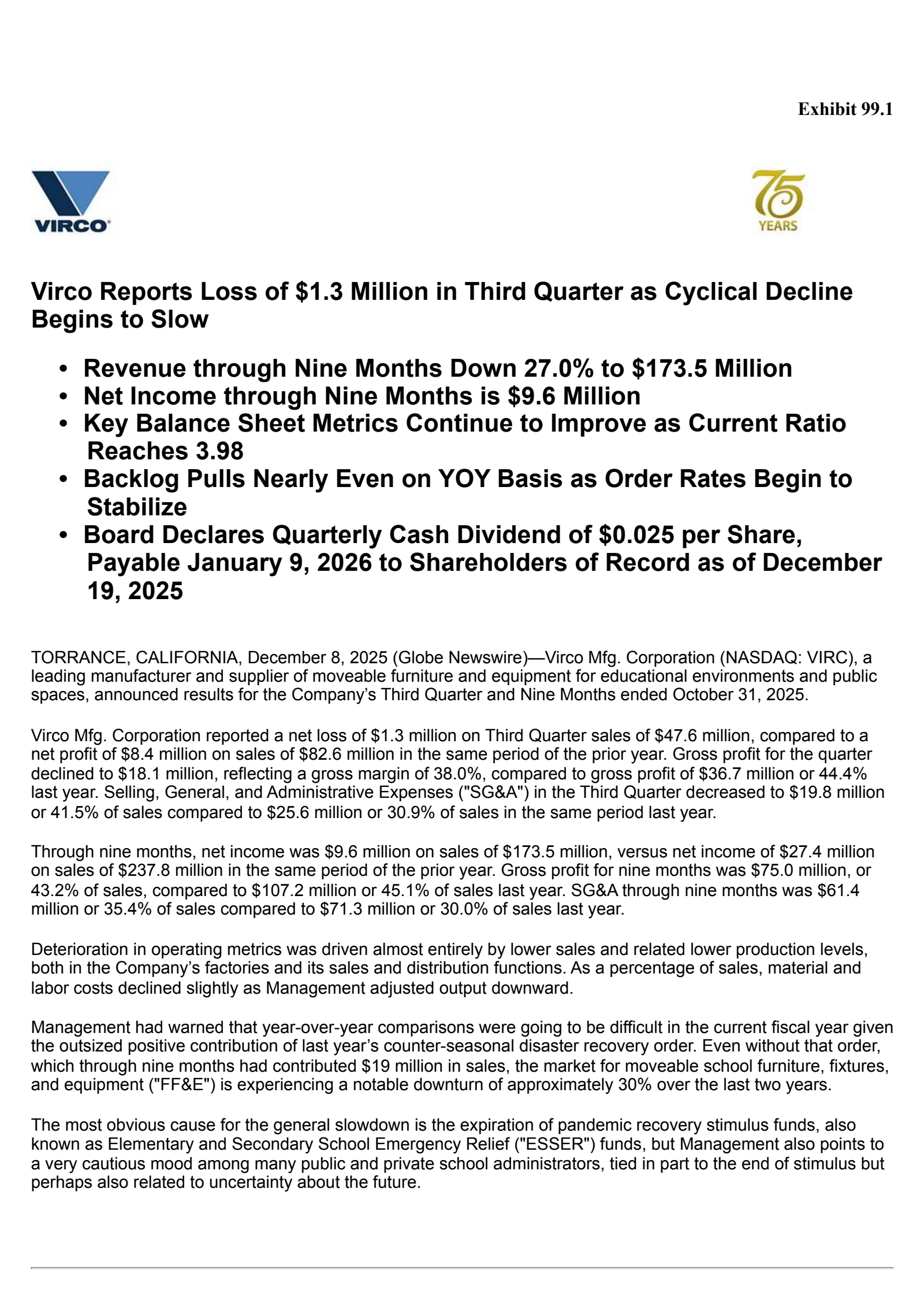 Virco Manufacturing's Q3 2026 Earnings Release