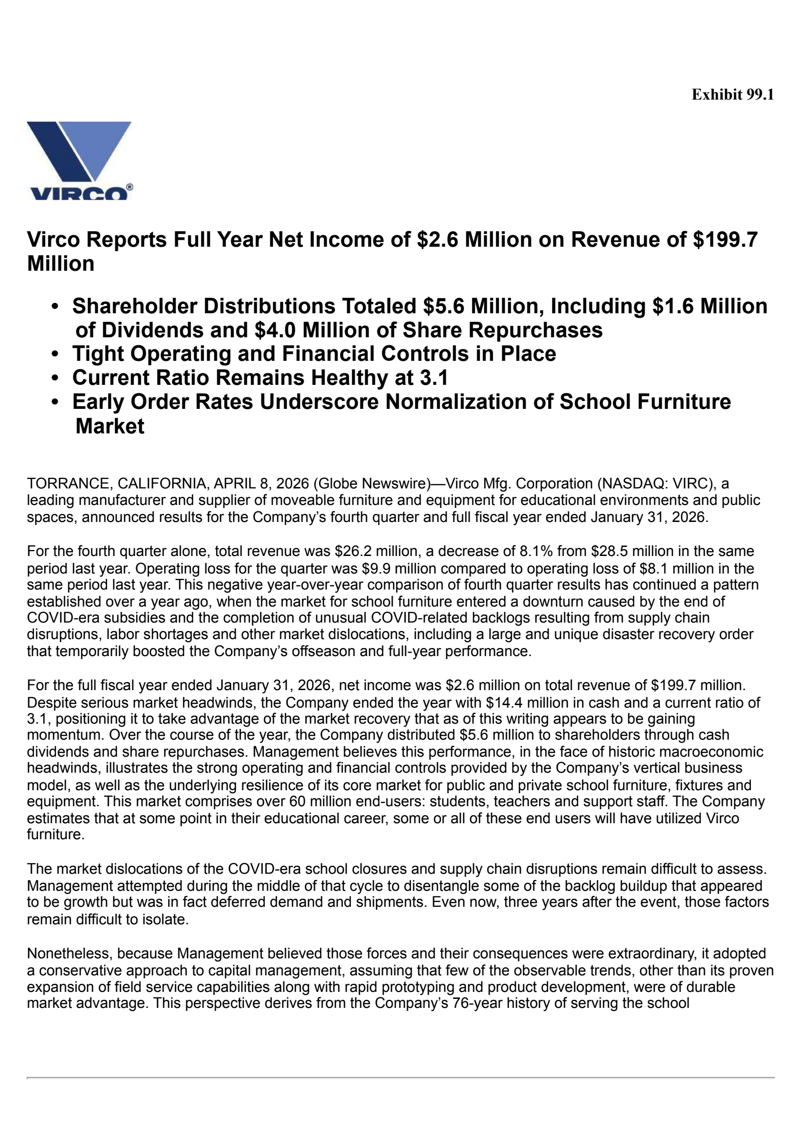Virco Manufacturing's Q4 2026 Press Release
