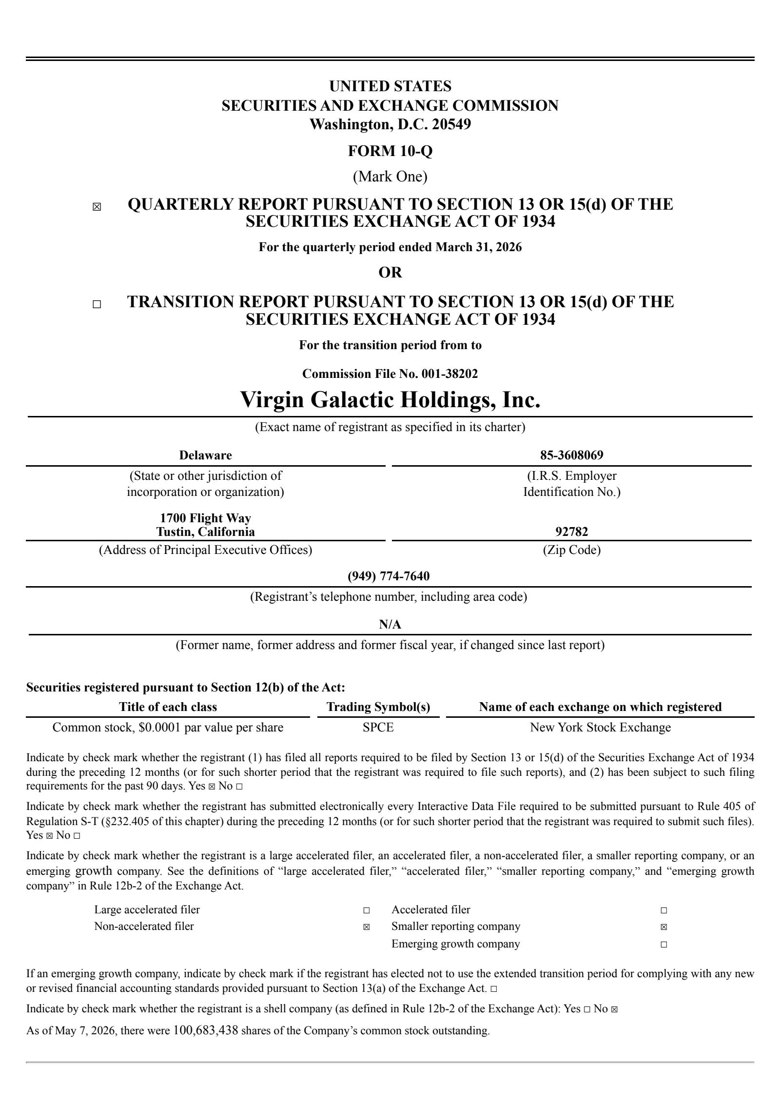 Virgin Galactic's Q1 2026 Quarterly report