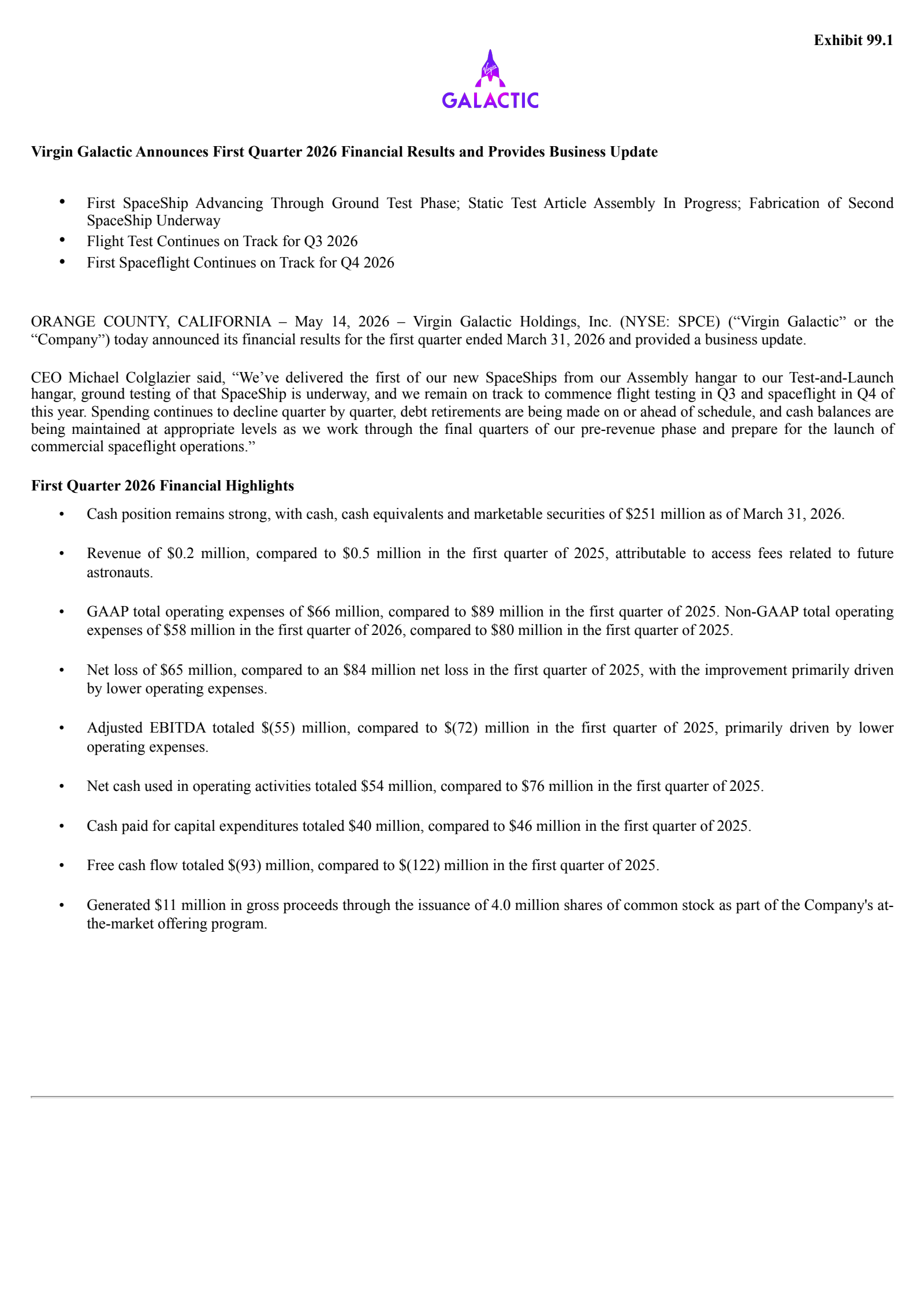 Virgin Galactic's Q1 2026 Press Release