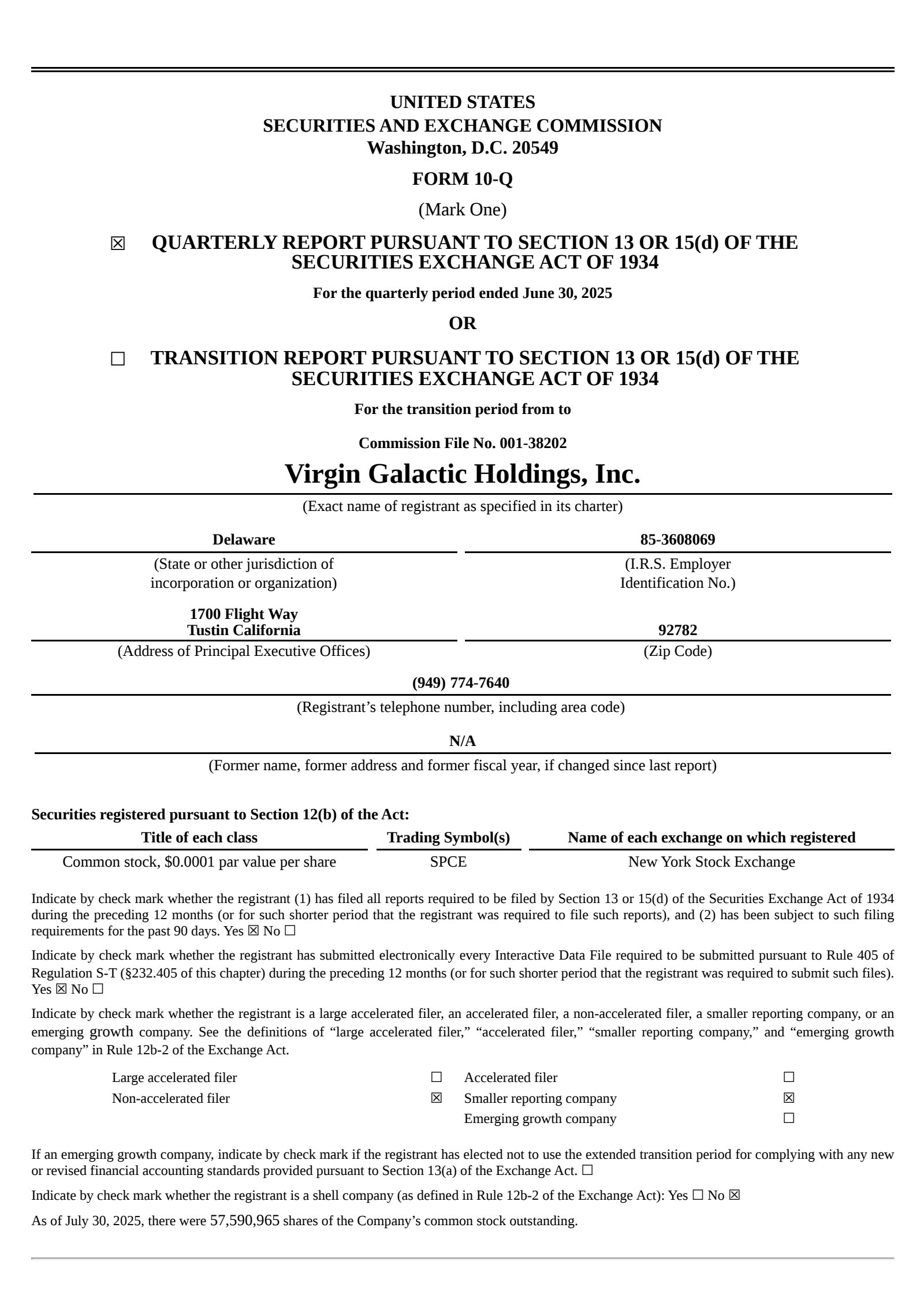Virgin Galactic's Q2 2025 Quarterly report