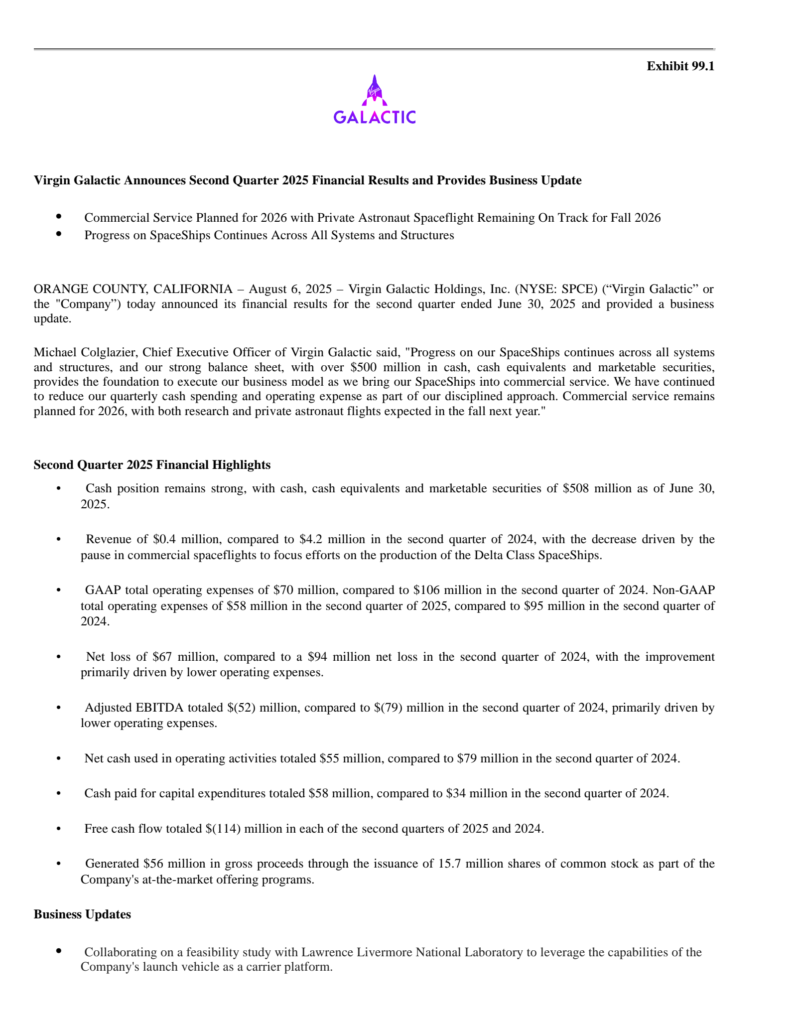 Virgin Galactic's Q2 2025 Press Release