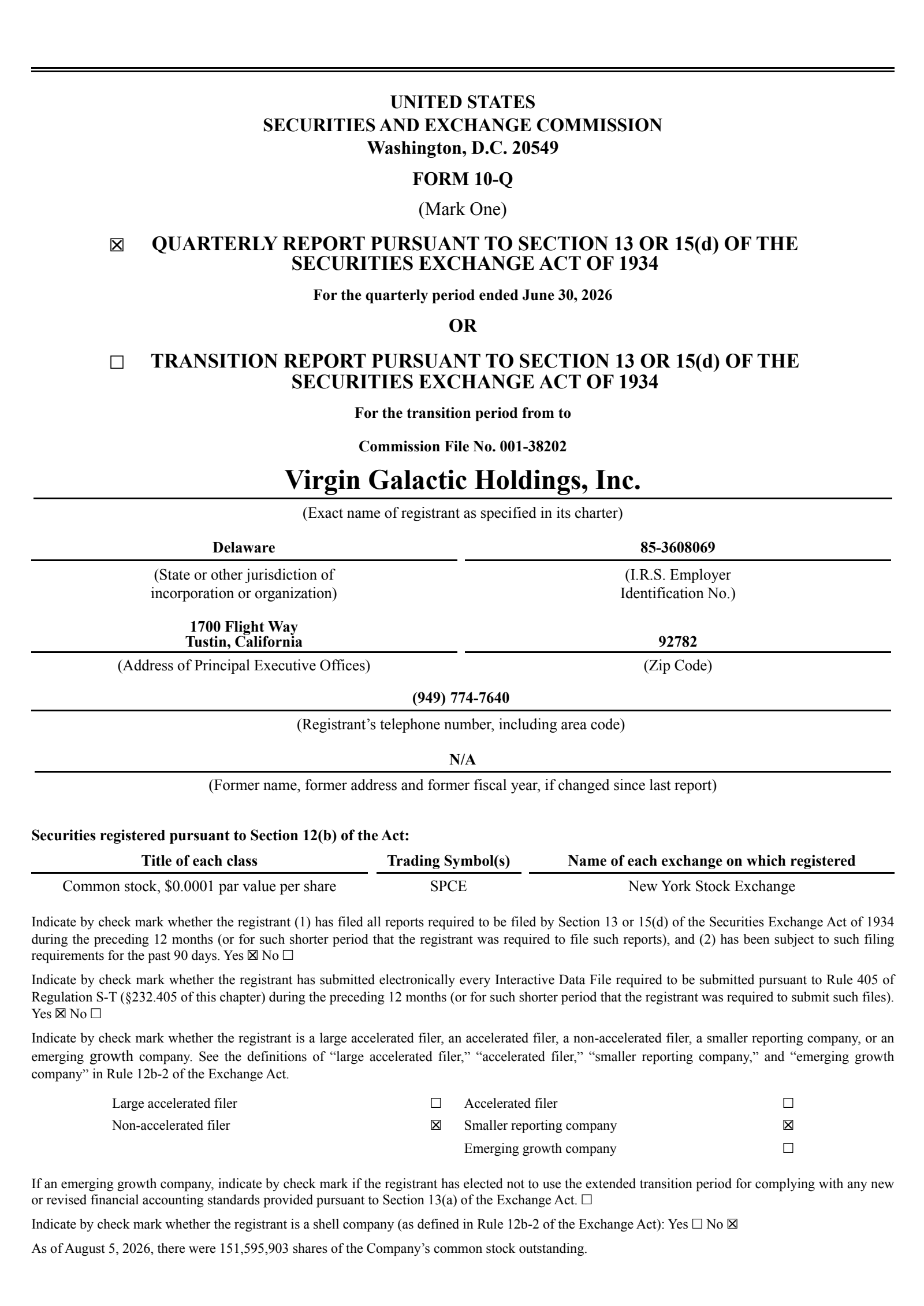 Virgin Galactic's Q2 2026 Quarterly report