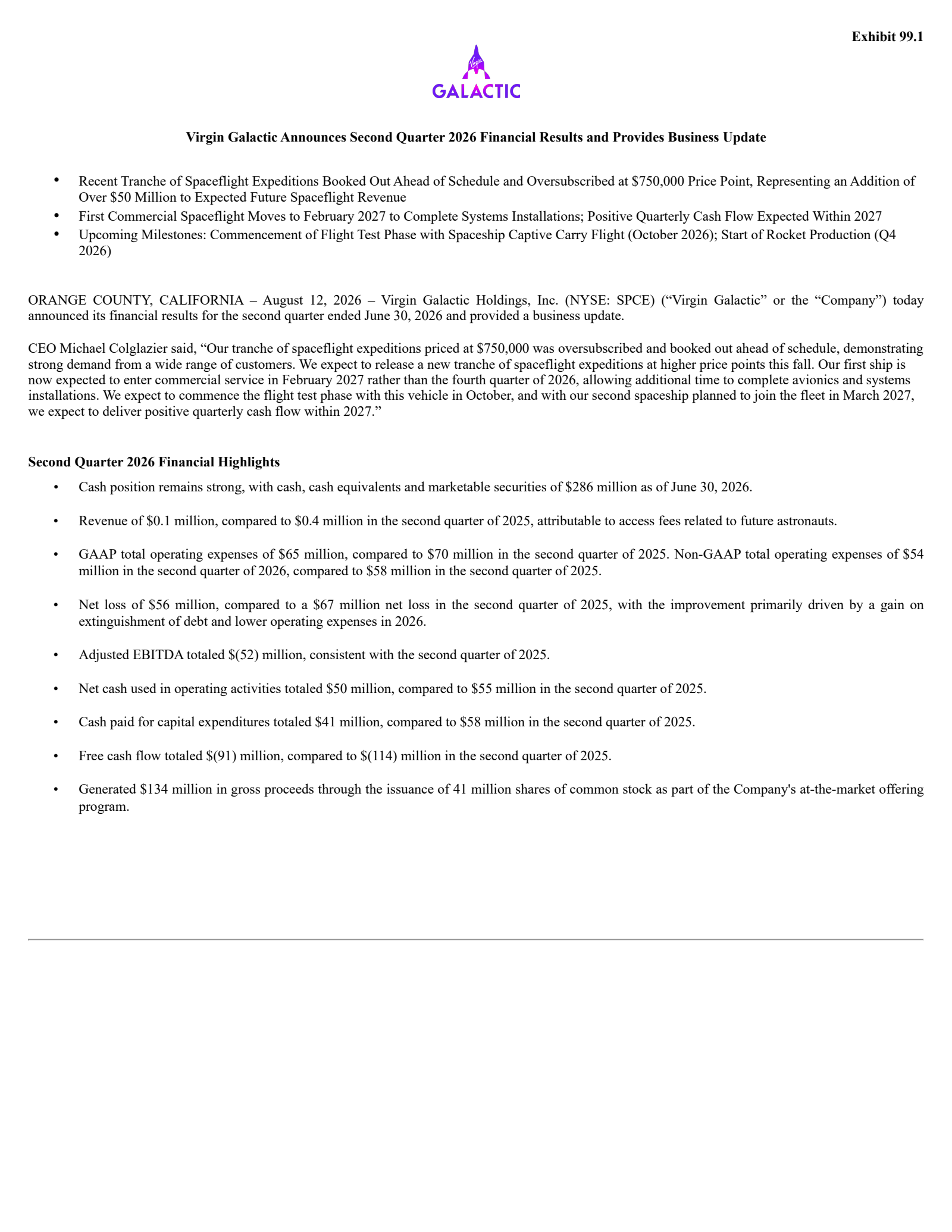 Virgin Galactic's Q2 2026 Press Release
