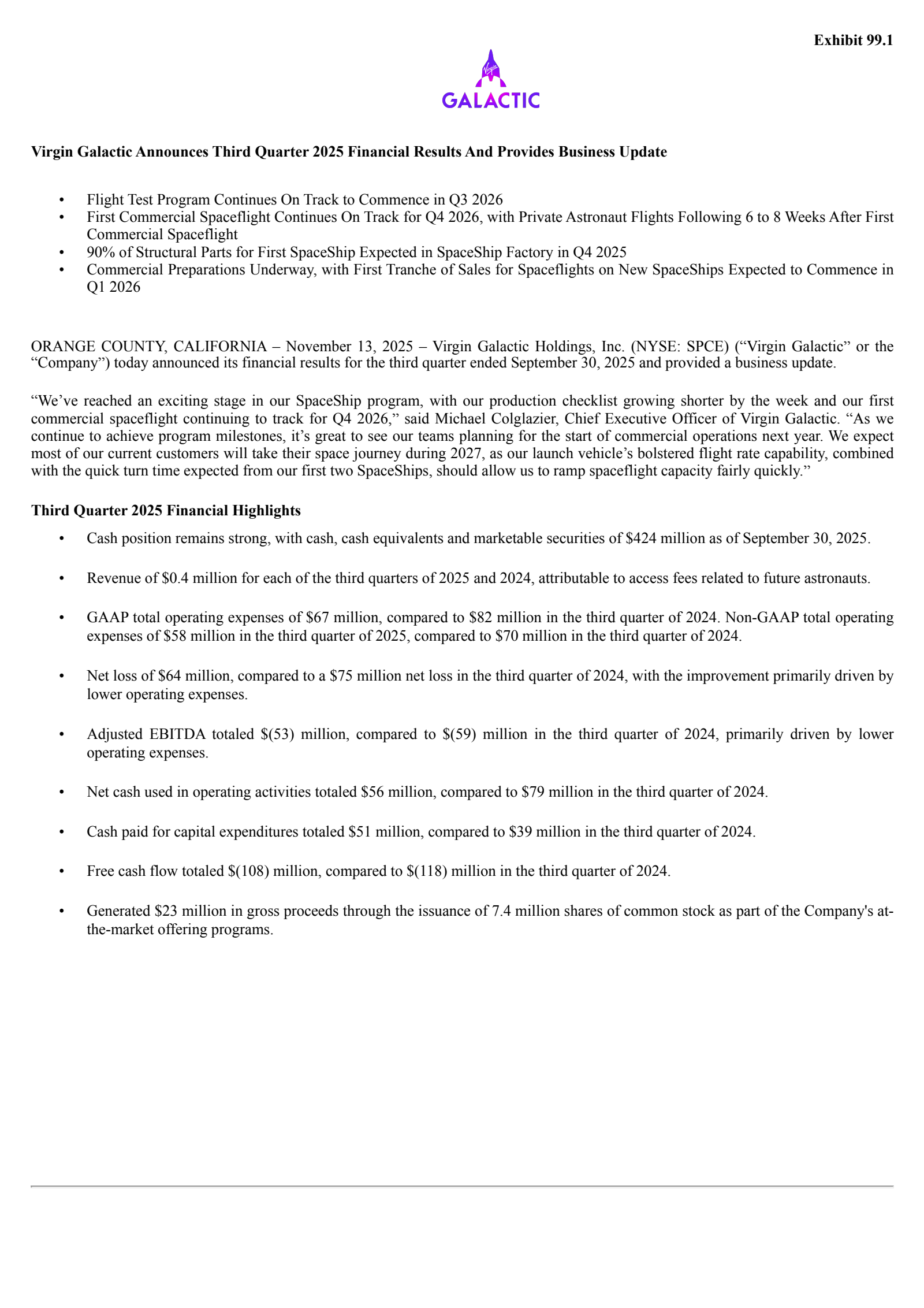 Virgin Galactic's Q3 2025 Earnings Release