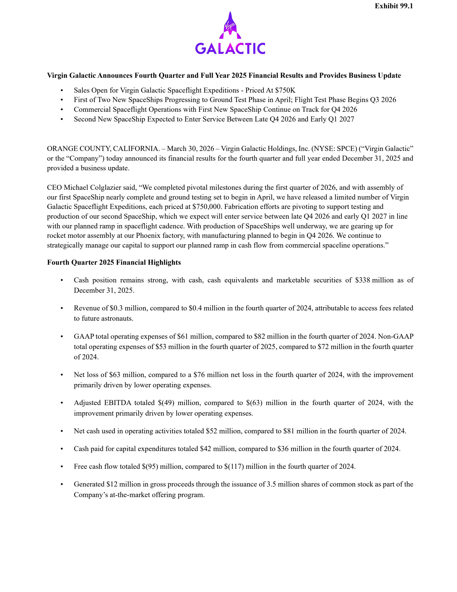Virgin Galactic's Q4 2025 Press Release
