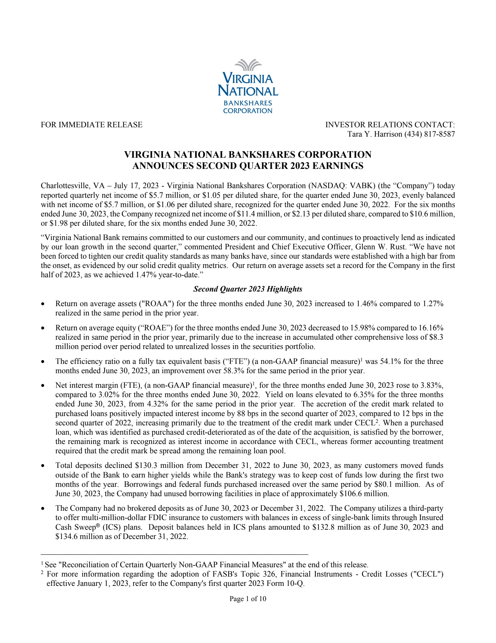 Virginia National Bankshares' Q2 2023 Press Release