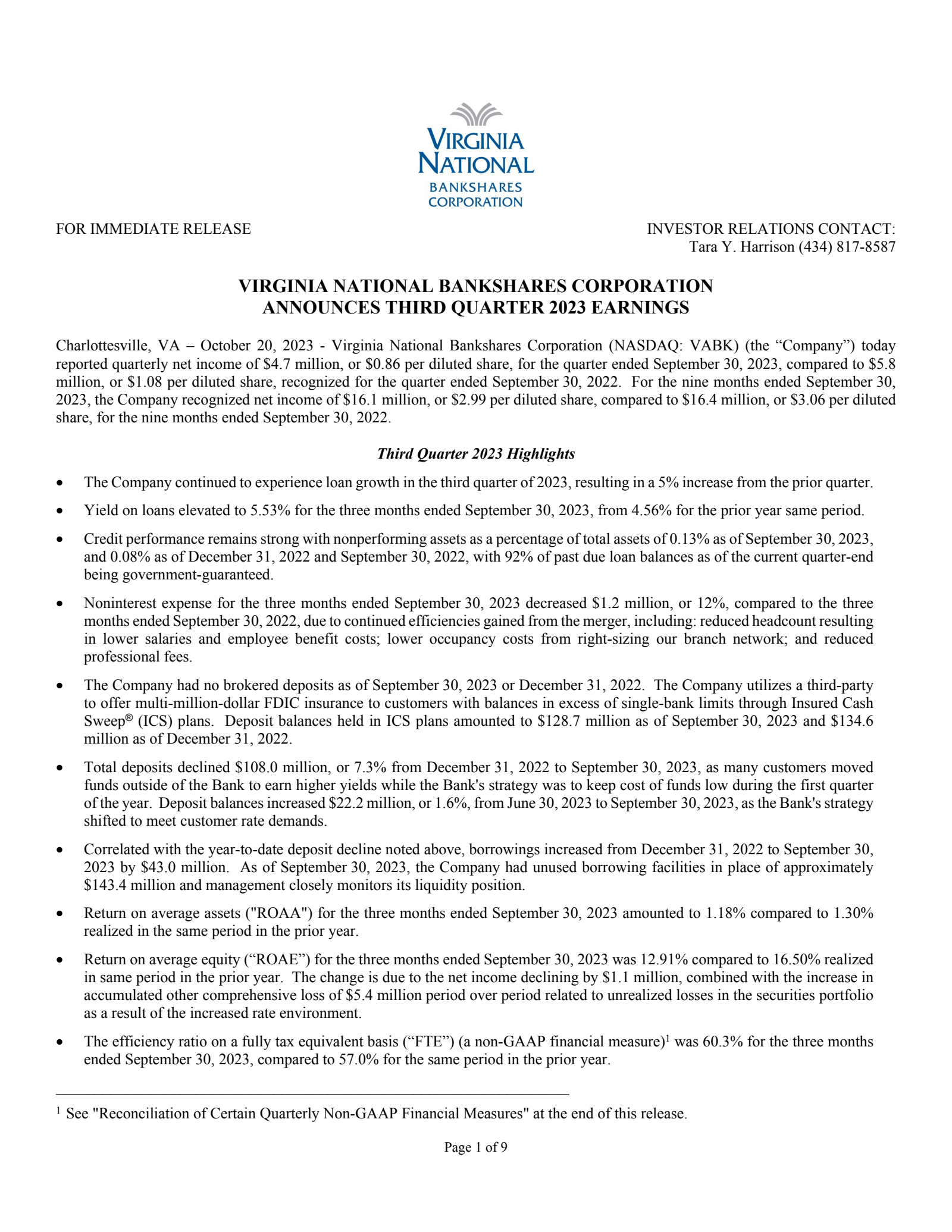 Virginia National Bankshares' Q3 2023 Press Release