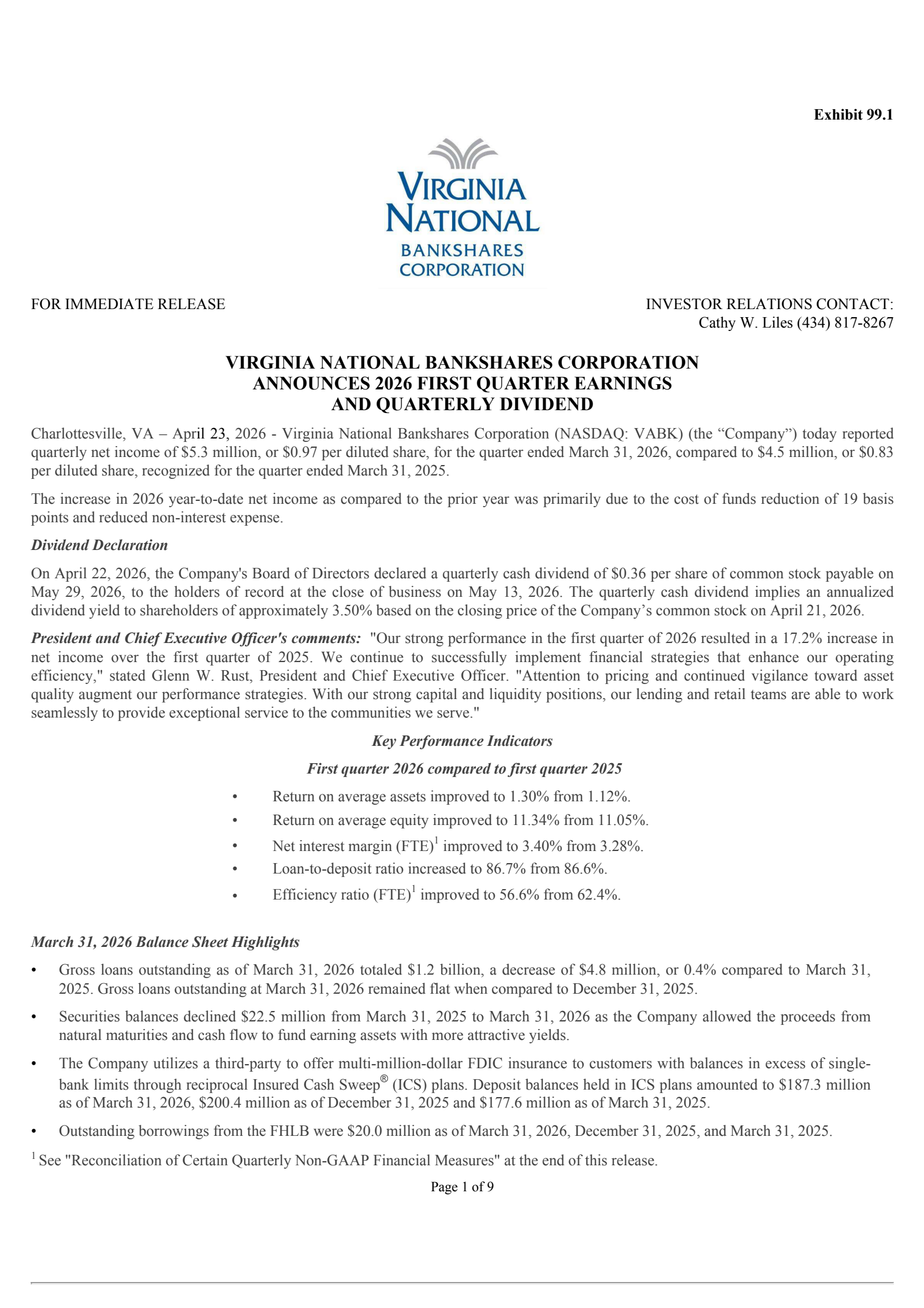 Virginia National Bankshares' Q1 2026 Press Release