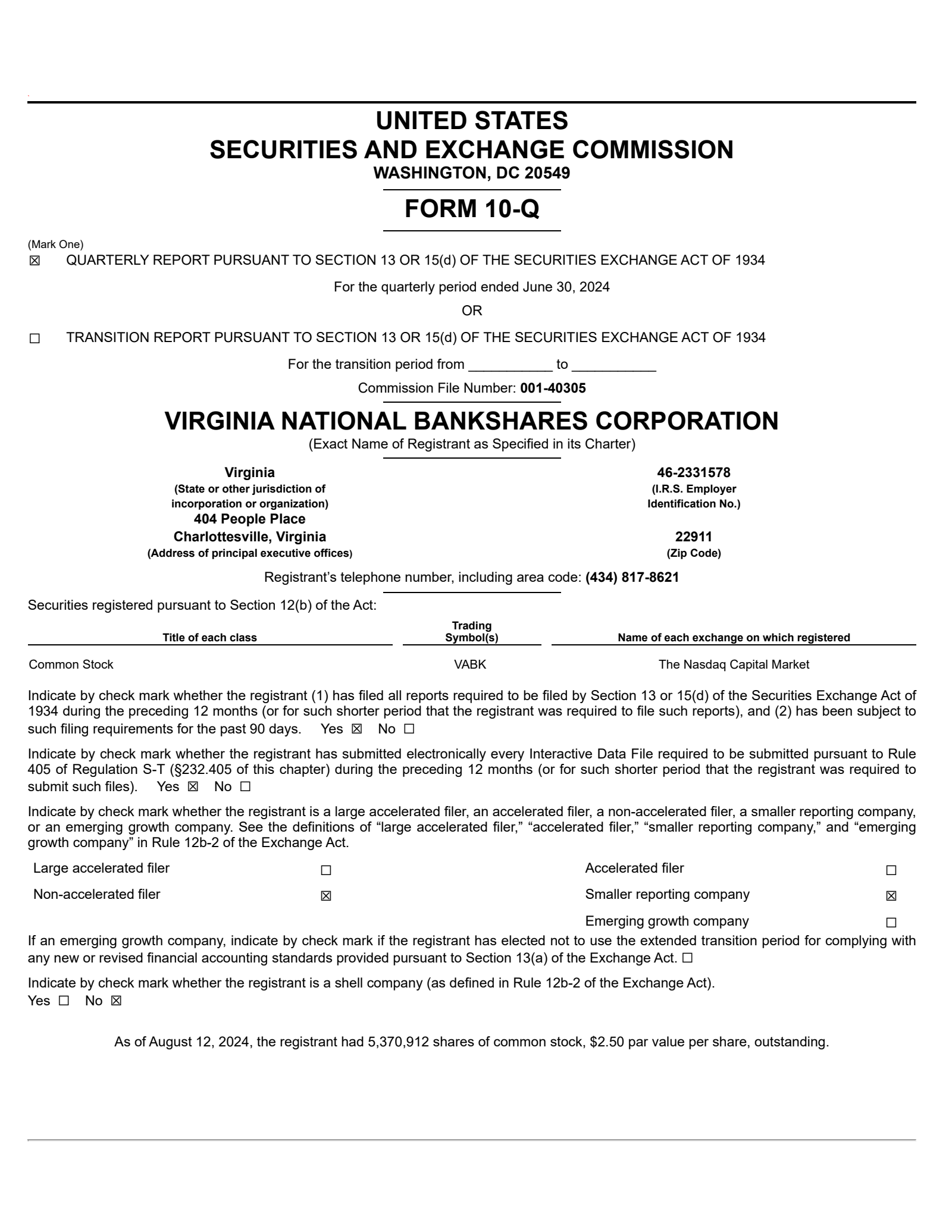 Virginia National Bankshares' Q2 2024 Quarterly Report