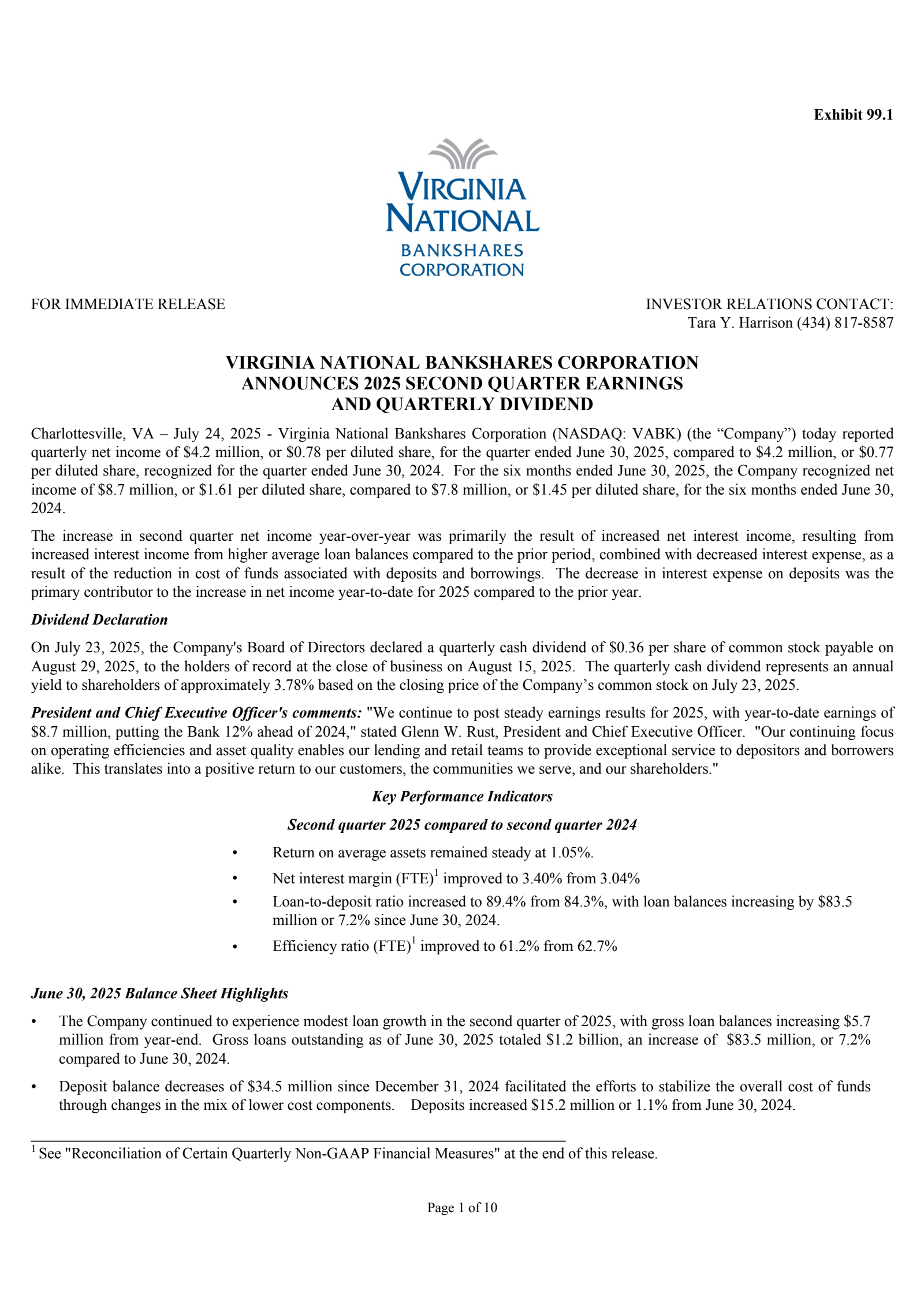 Virginia National Bankshares' Q2 2025 Press Release
