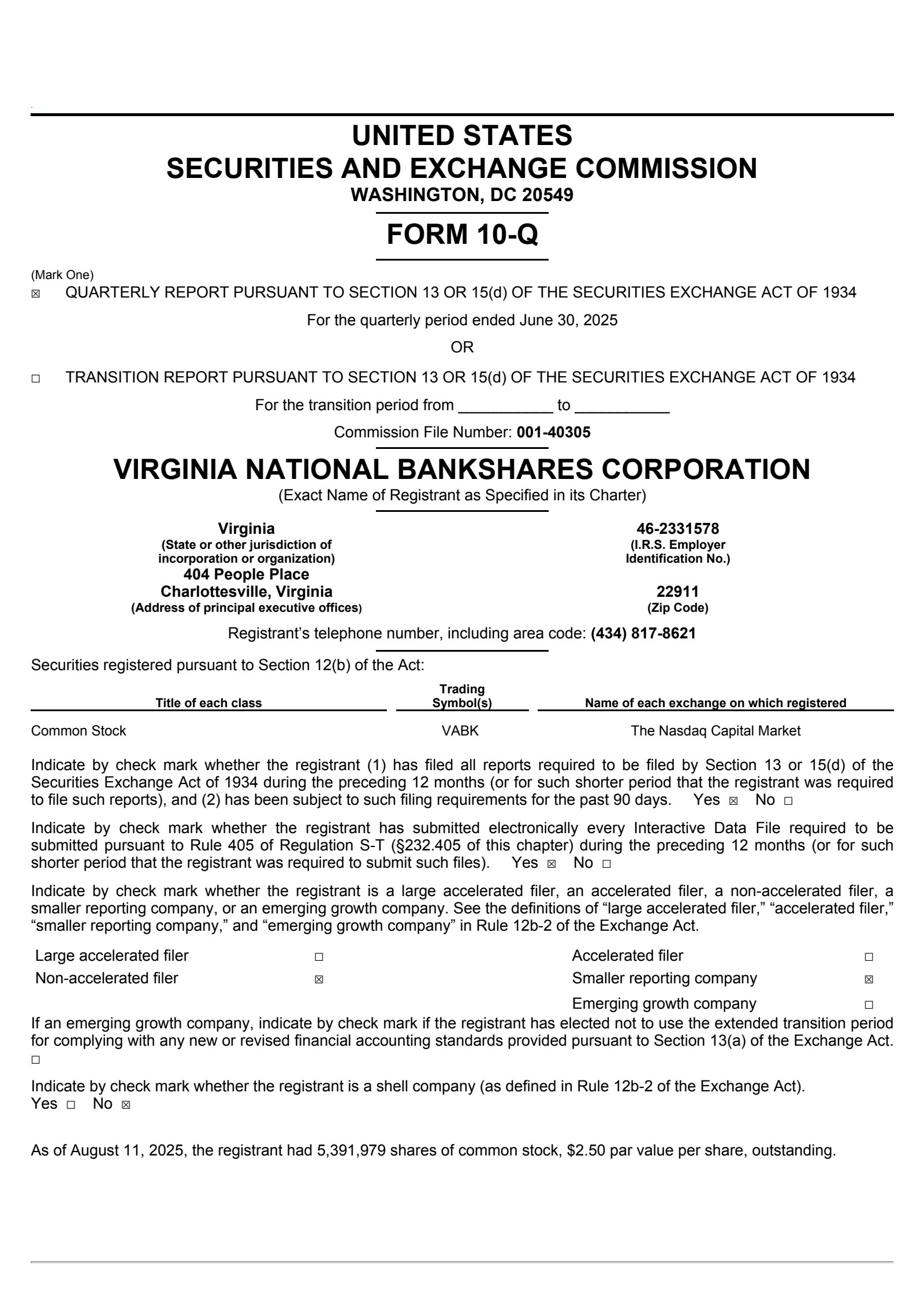 Virginia National Bankshares' Q2 2025 Quarterly report