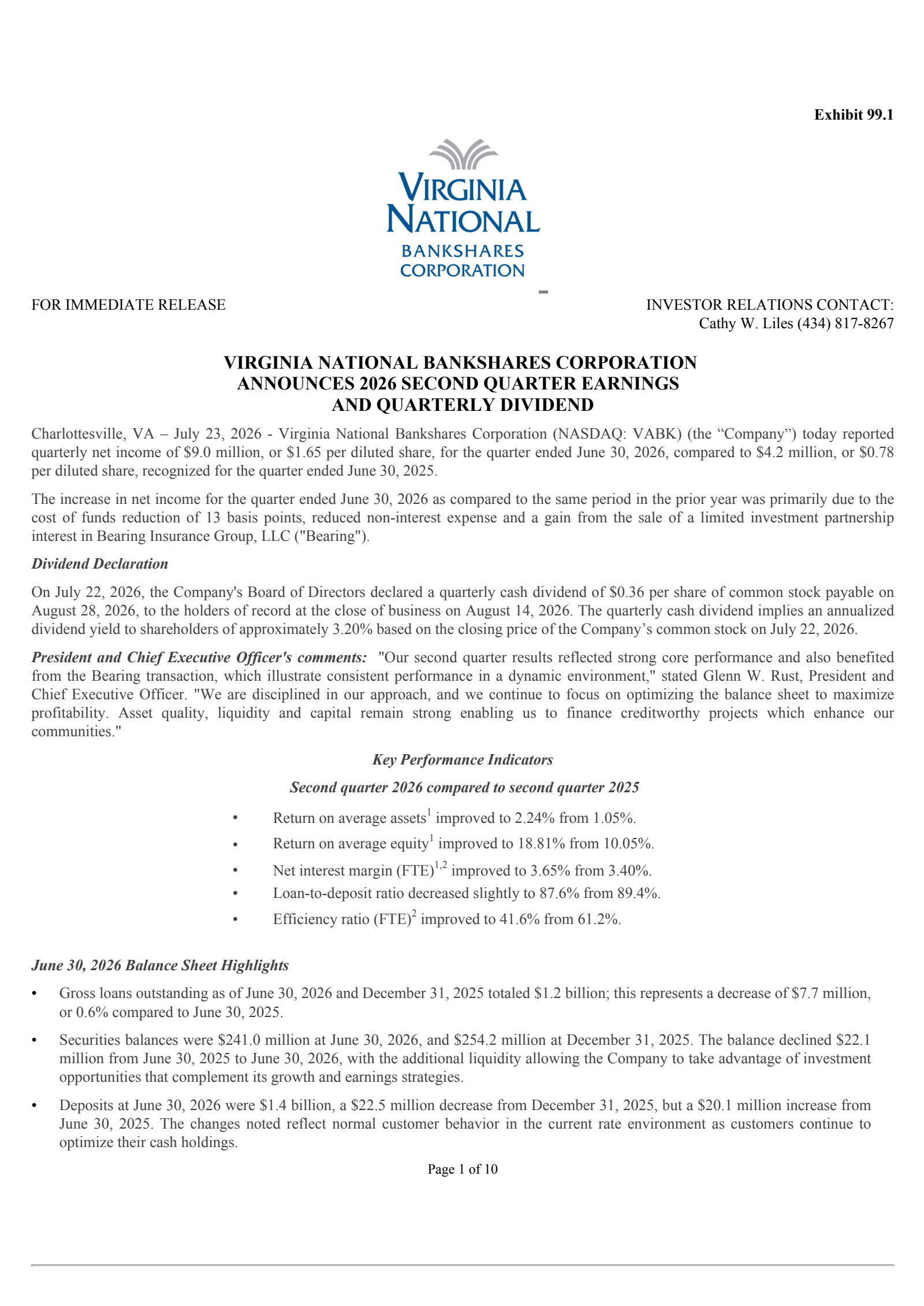 Virginia National Bankshares' Q2 2026 Press Release