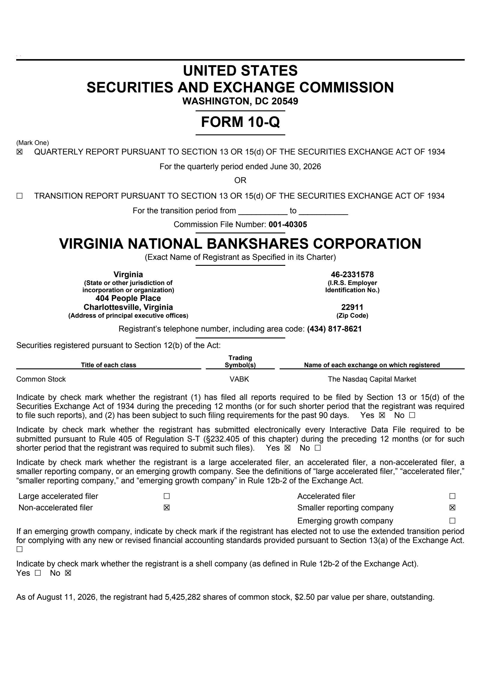 Virginia National Bankshares' Q2 2026 Quarterly report