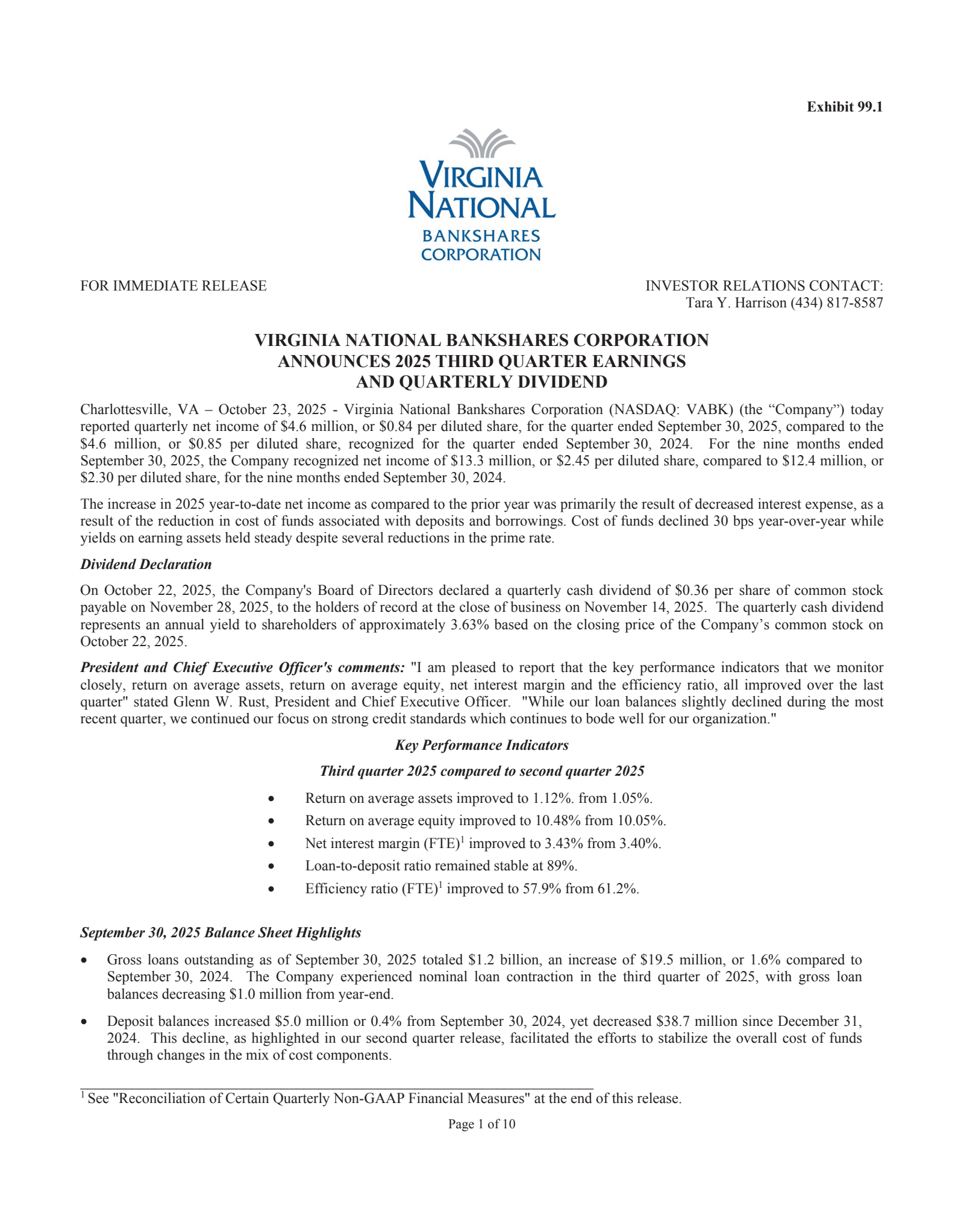Virginia National Bankshares' Q3 2025 Earnings Release