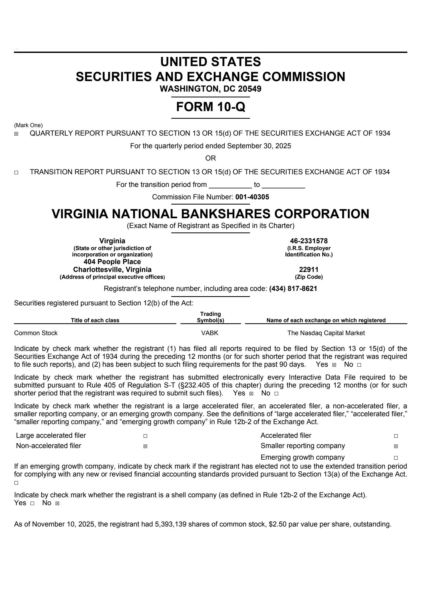 Virginia National Bankshares' Q3 2025 Quarterly Report