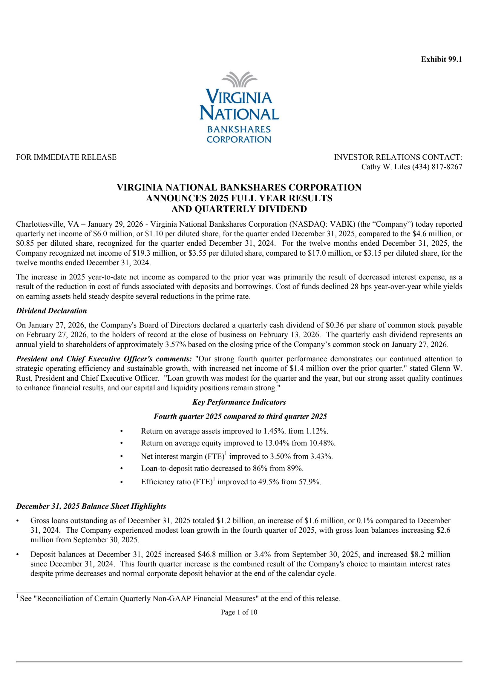 Virginia National Bankshares' Q4 2025 Press Release
