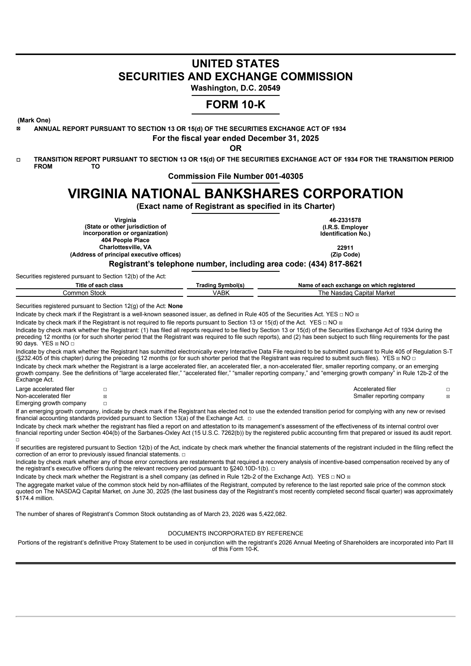 Virginia National Bankshares' Q4 2025 Annual report