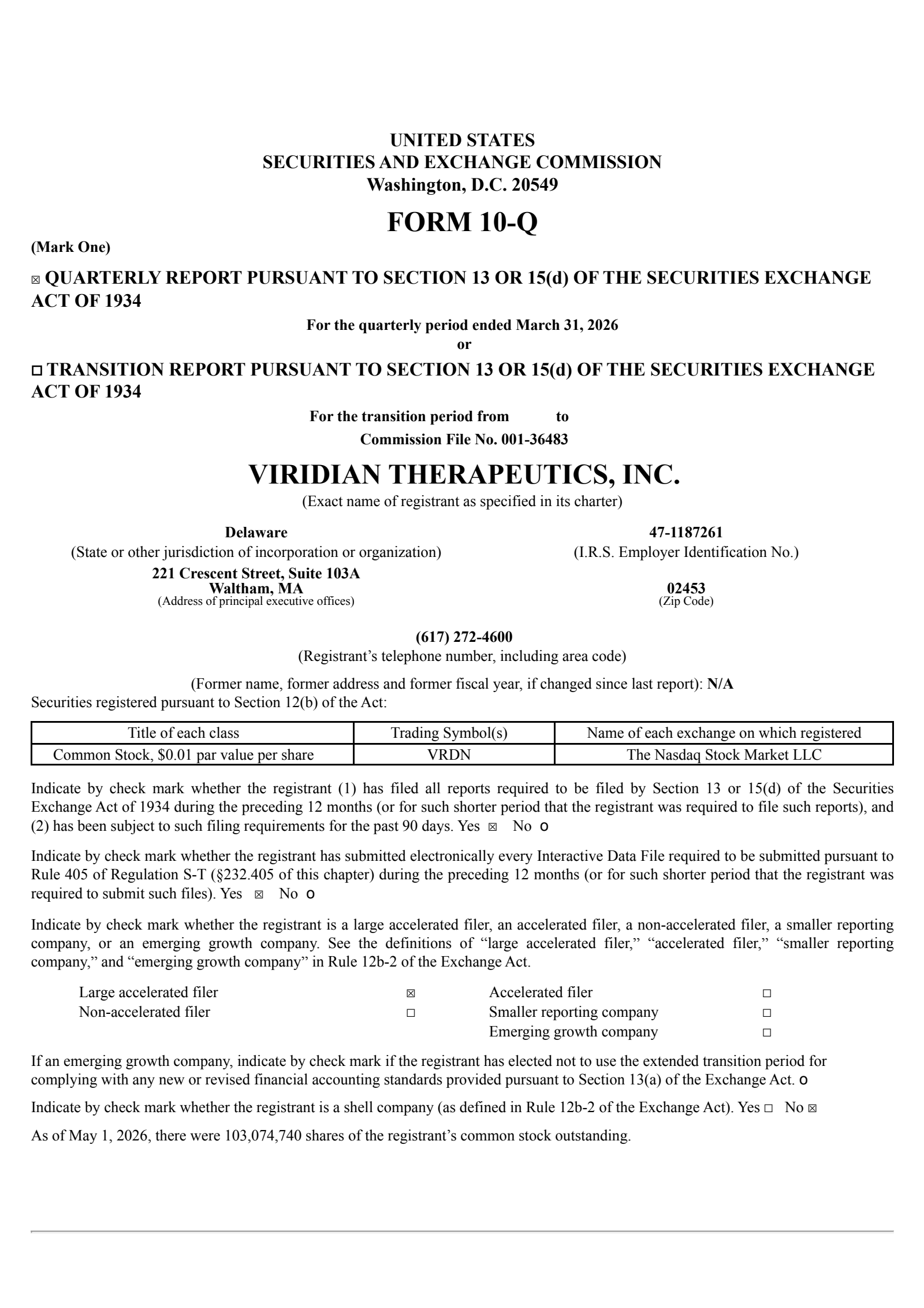 Viridian Therapeutics' Q1 2026 Quarterly report