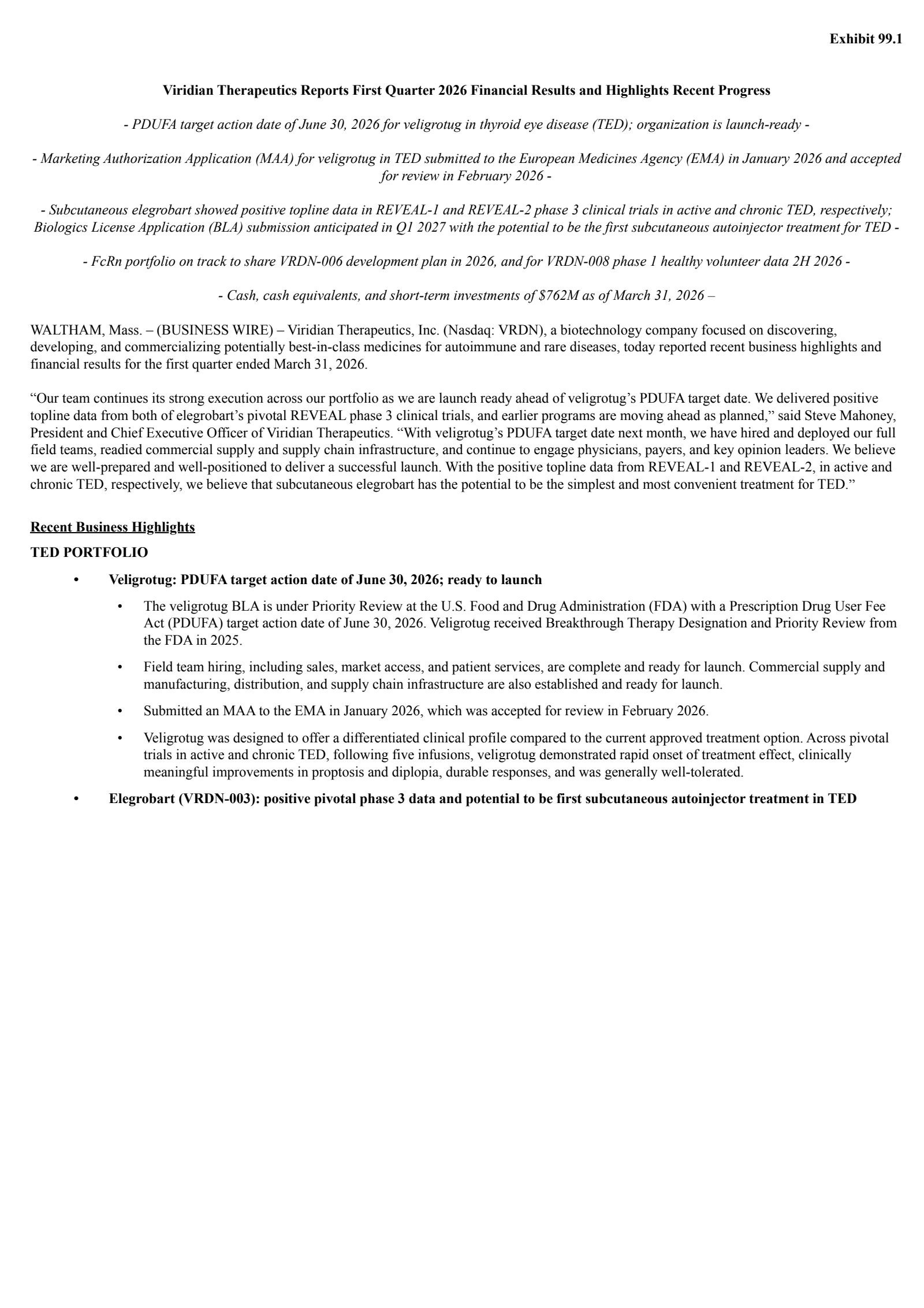 Viridian Therapeutics' Q1 2026 Press Release