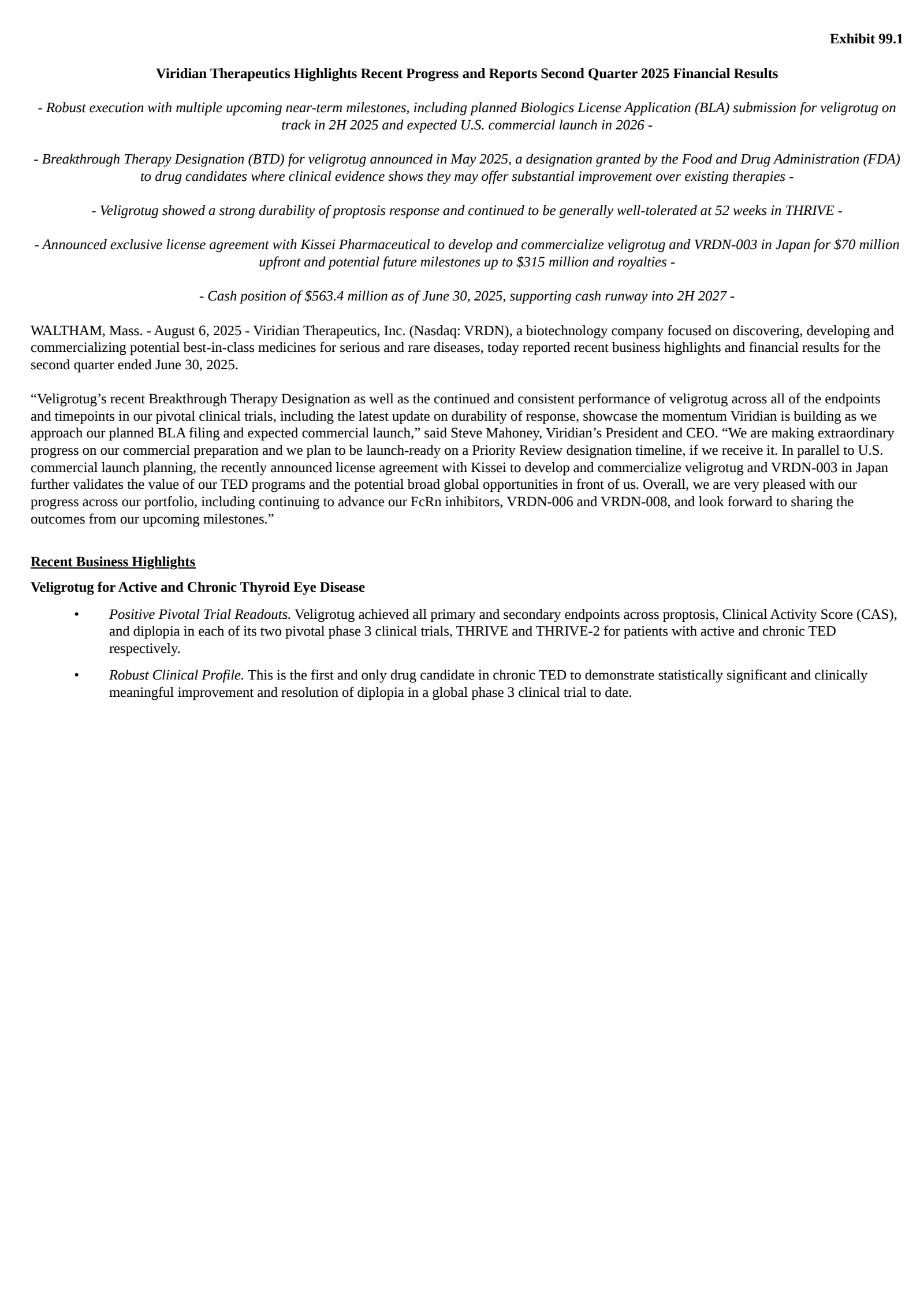 Viridian Therapeutics' Q2 2025 Press Release