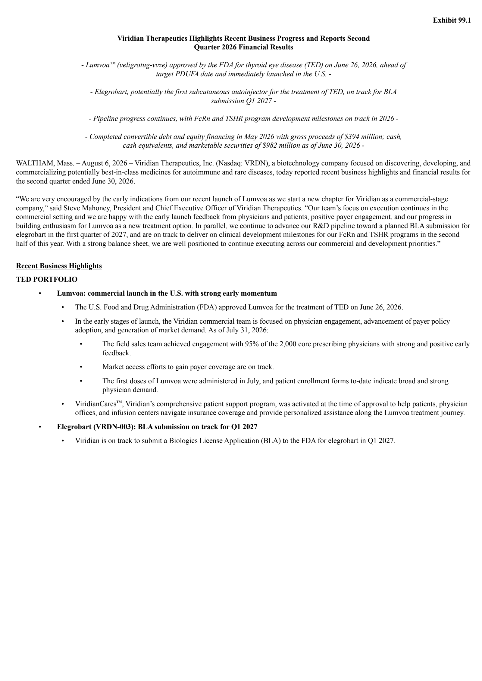 Viridian Therapeutics' Q2 2026 Press Release