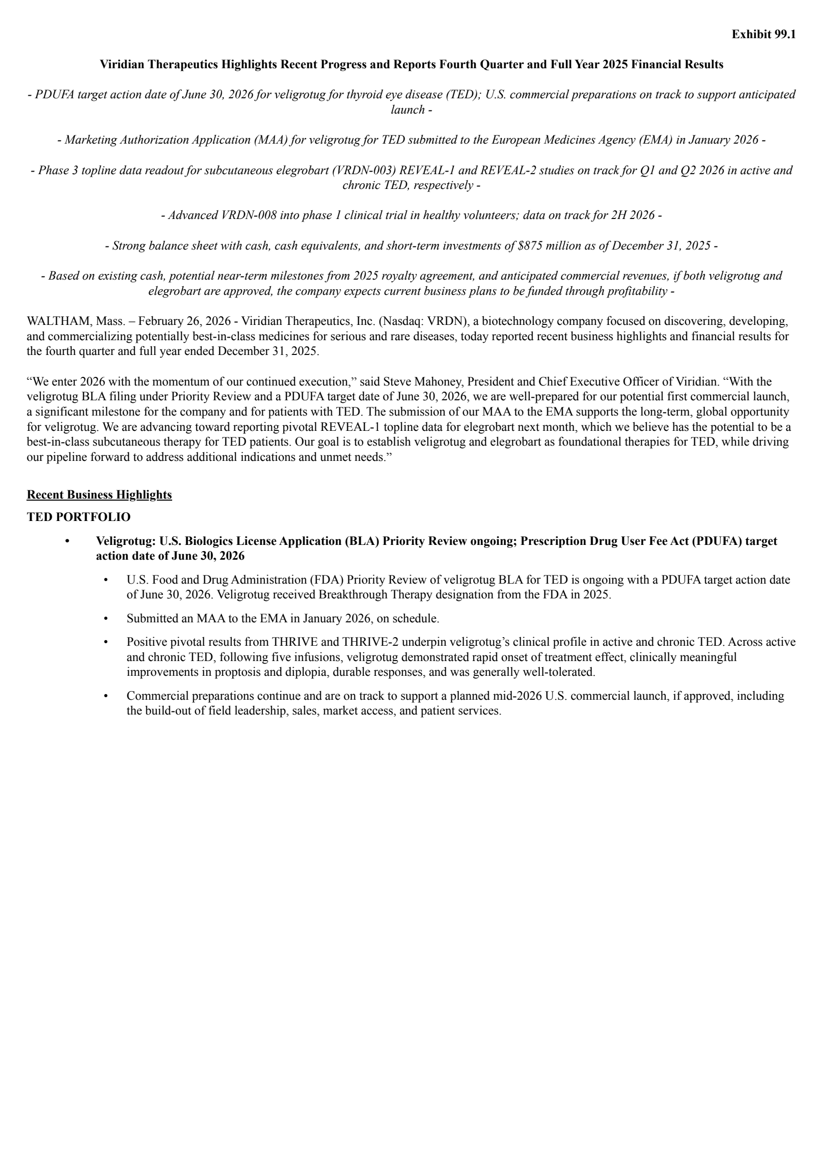 Viridian Therapeutics' Q4 2025 Press Release