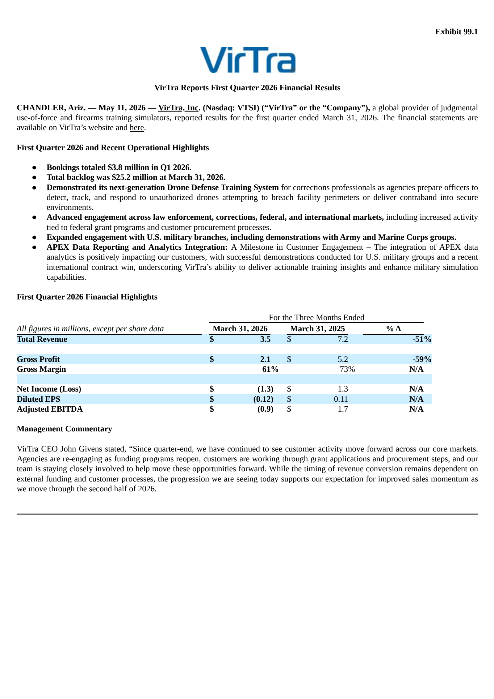 VirTra's Q1 2026 Press Release