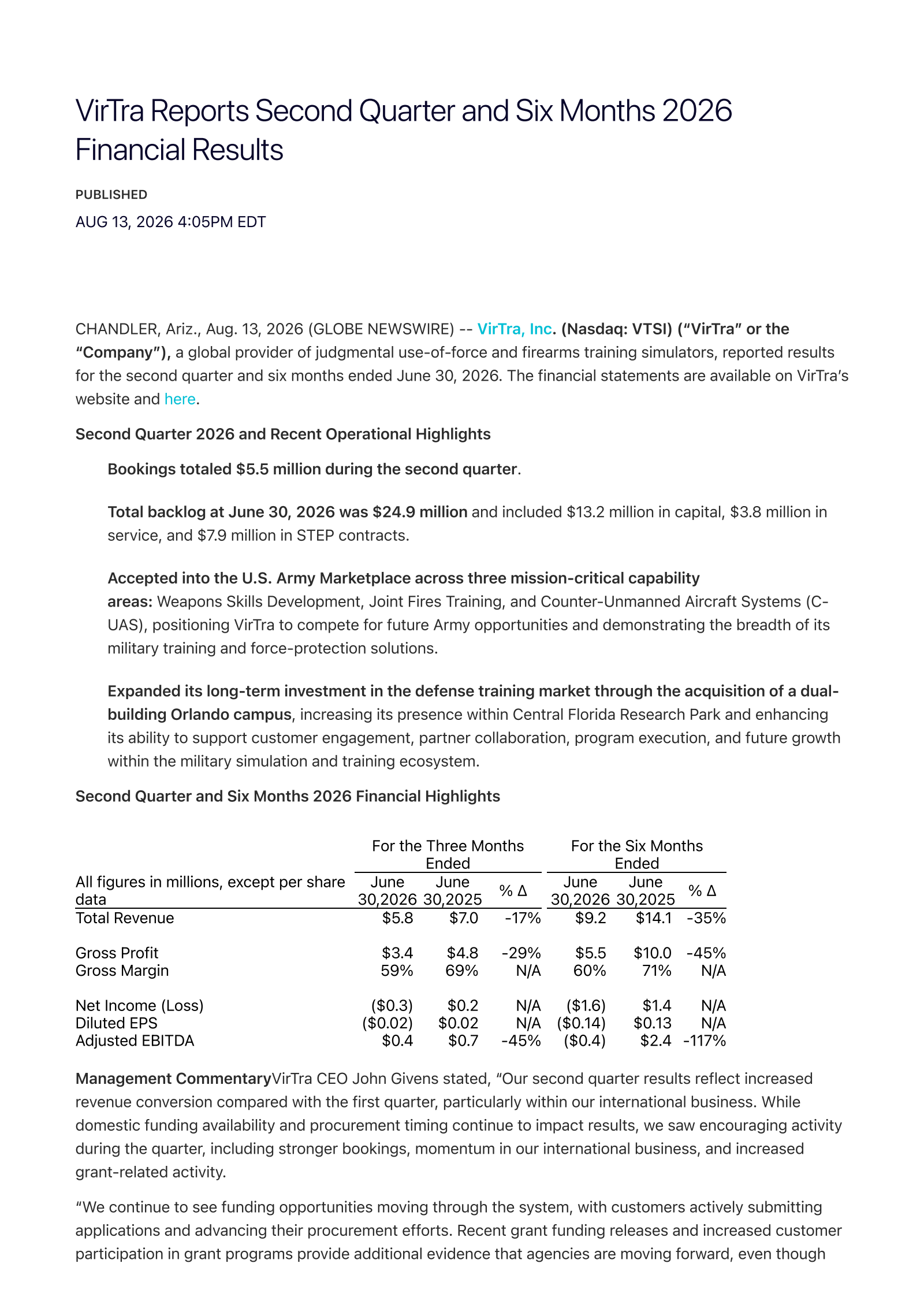 VirTra's Q2 2026 Press Release