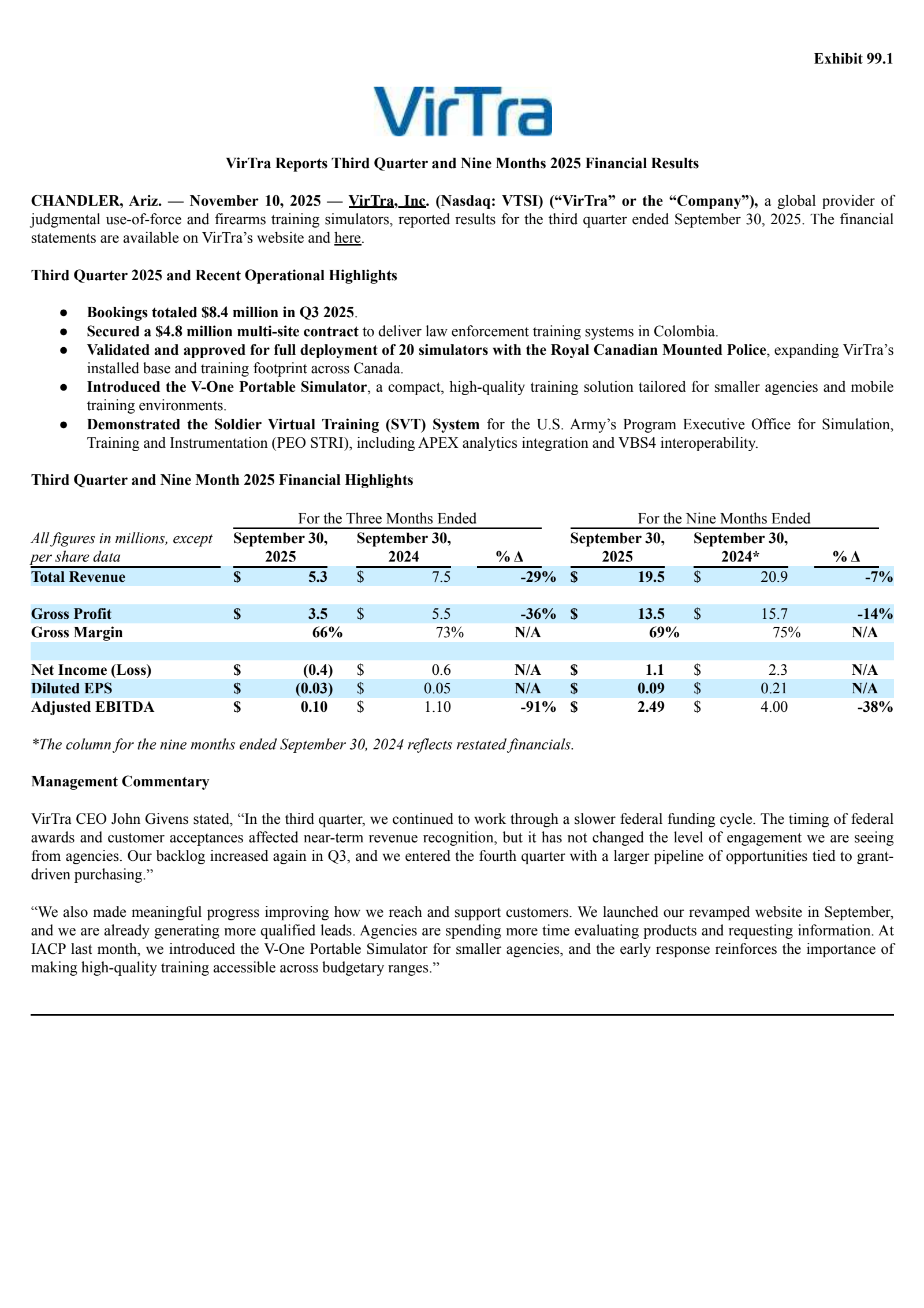 VirTra's Q3 2025 Earnings Release