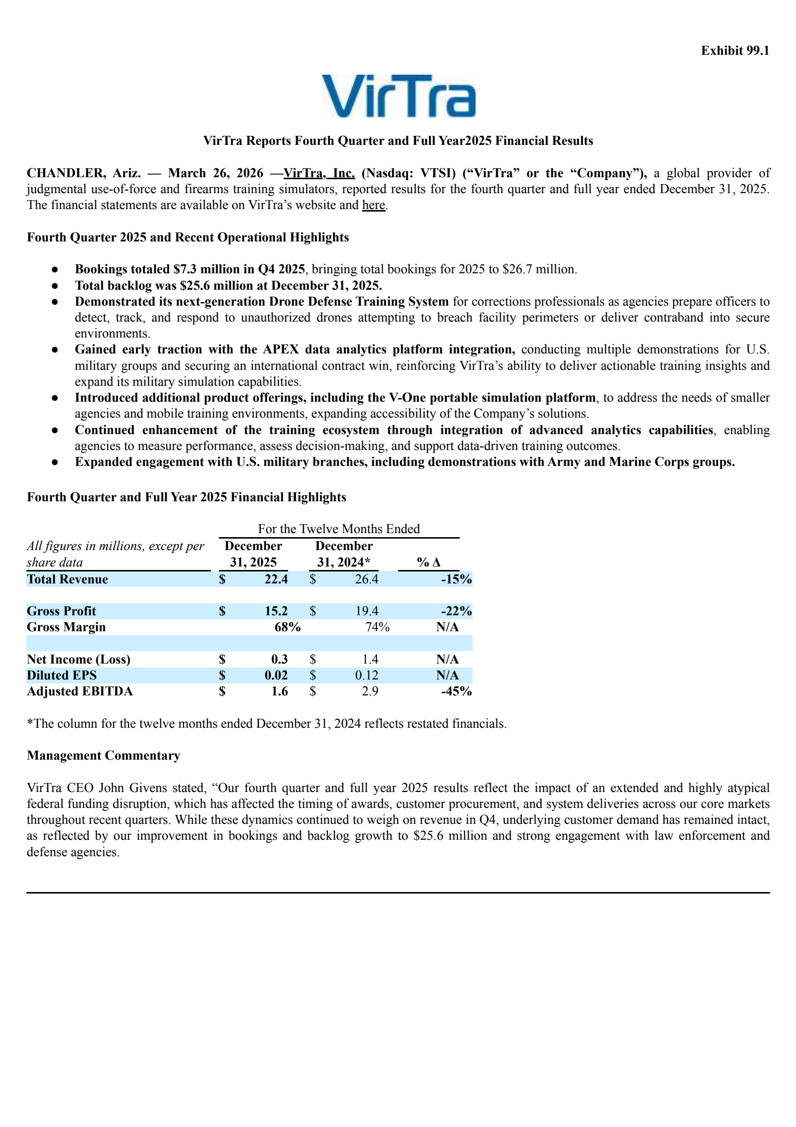 VirTra's Q4 2025 Press Release