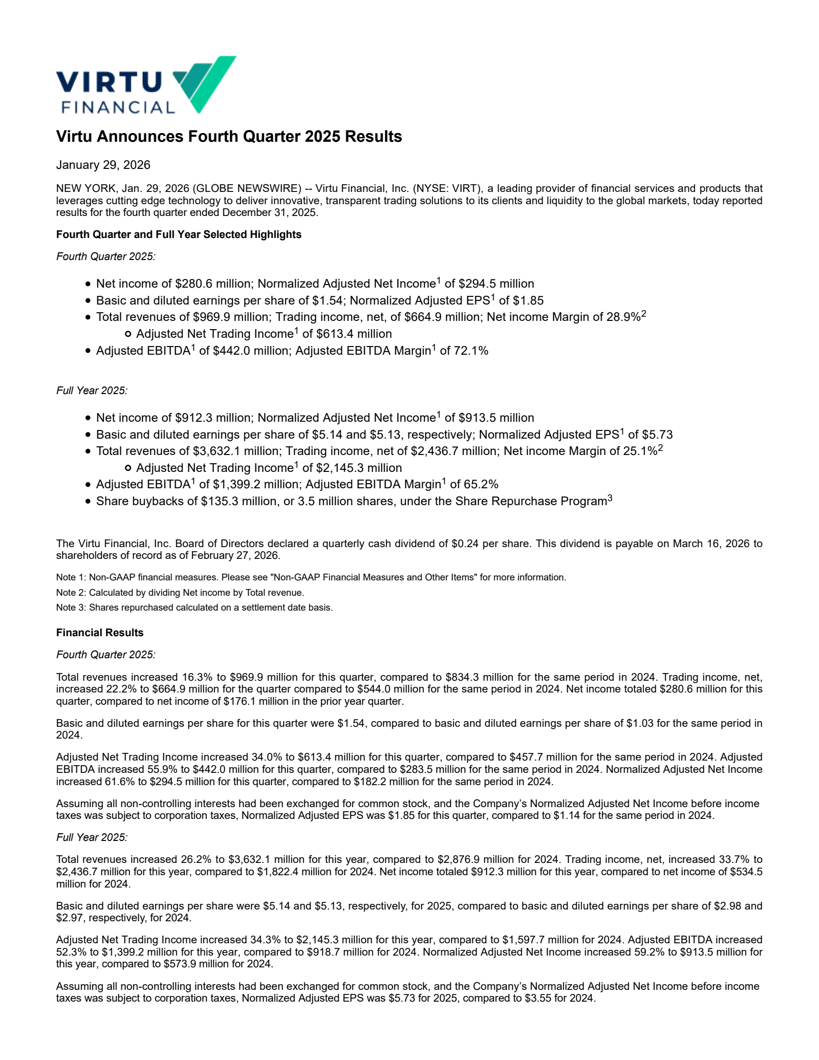 Virtu Financial's Q4 2025 Press Release