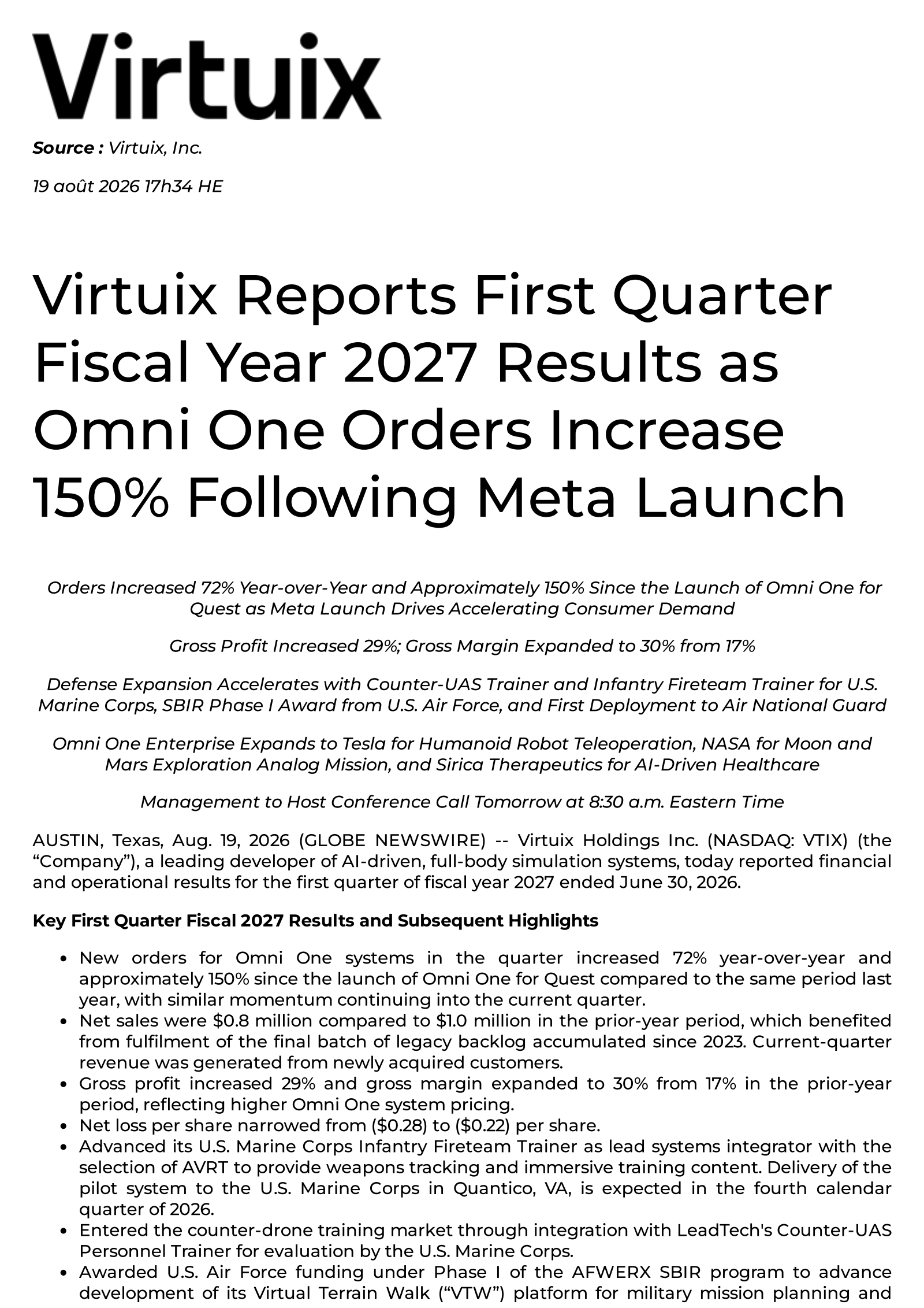 Virtuix's Q1 2027 Press Release
