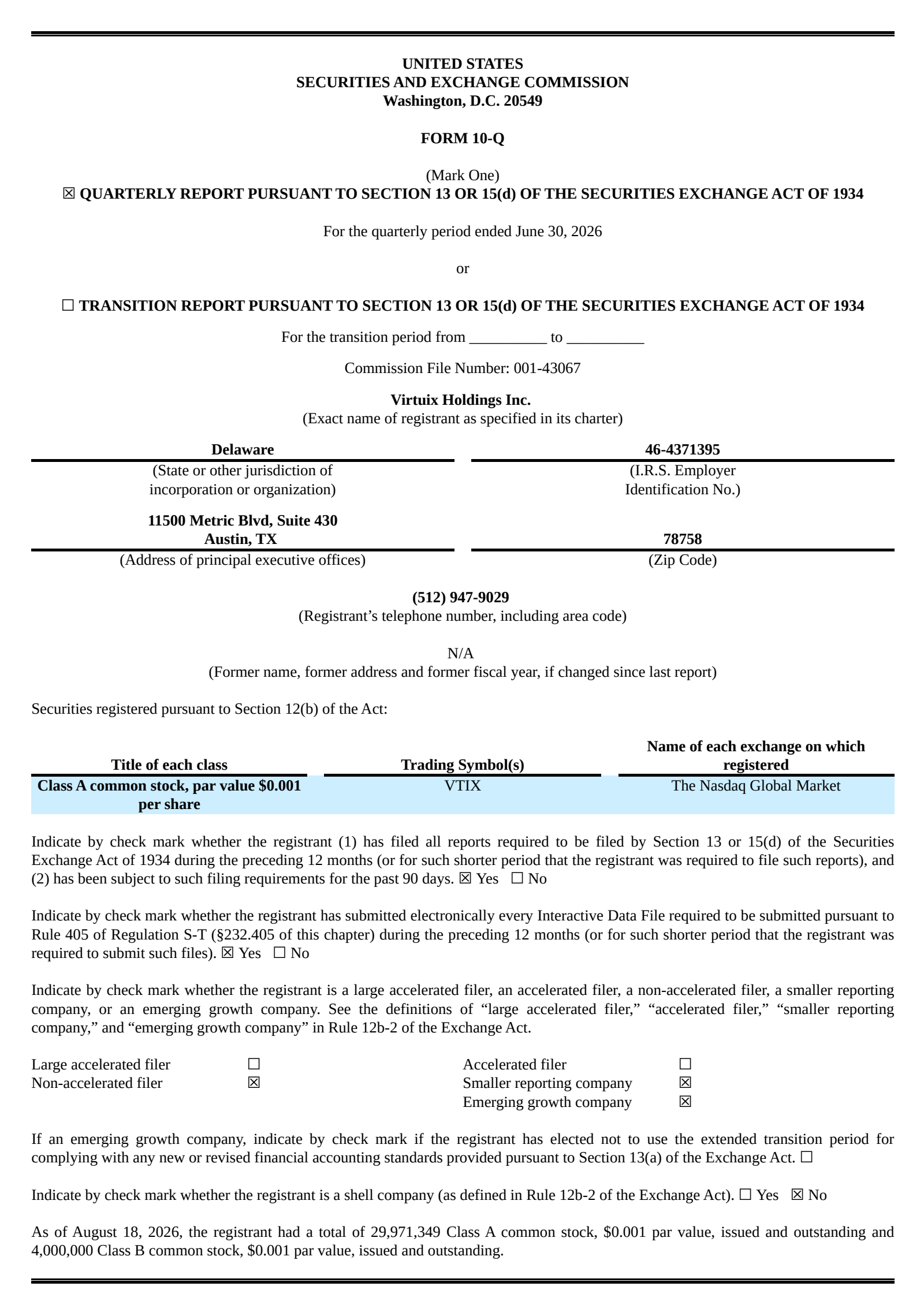 Virtuix's Q1 2027 Quarterly report