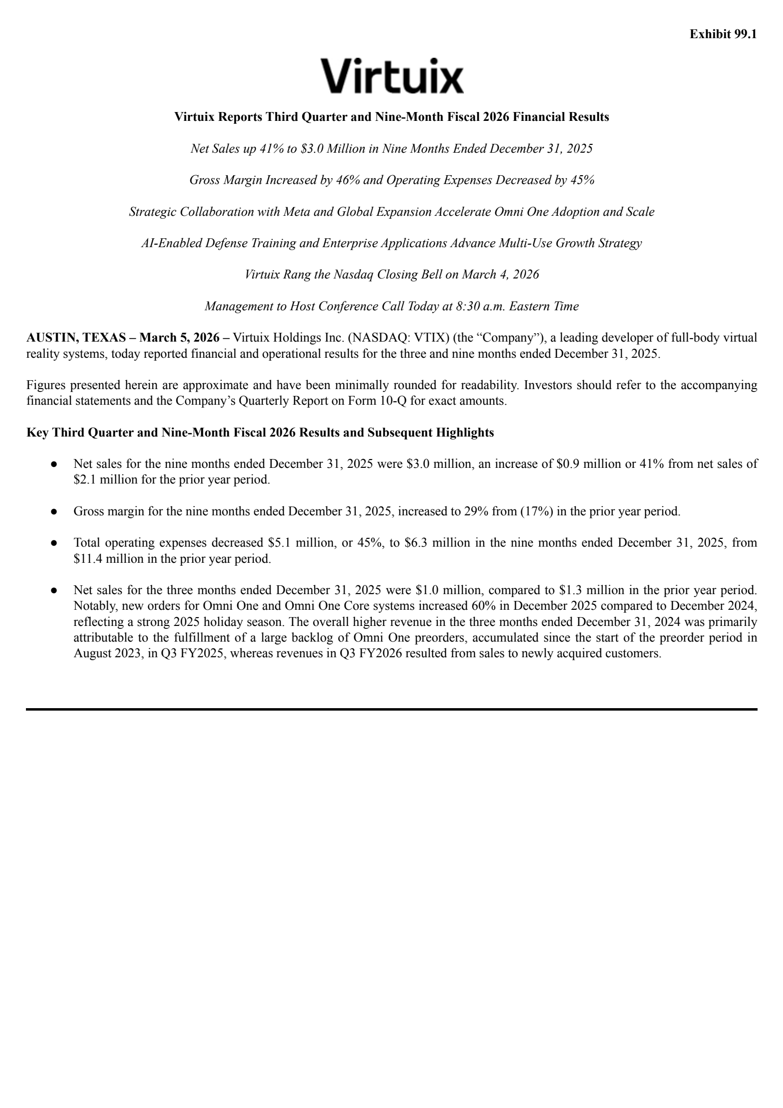 Virtuix's Q3 2026 Press Release