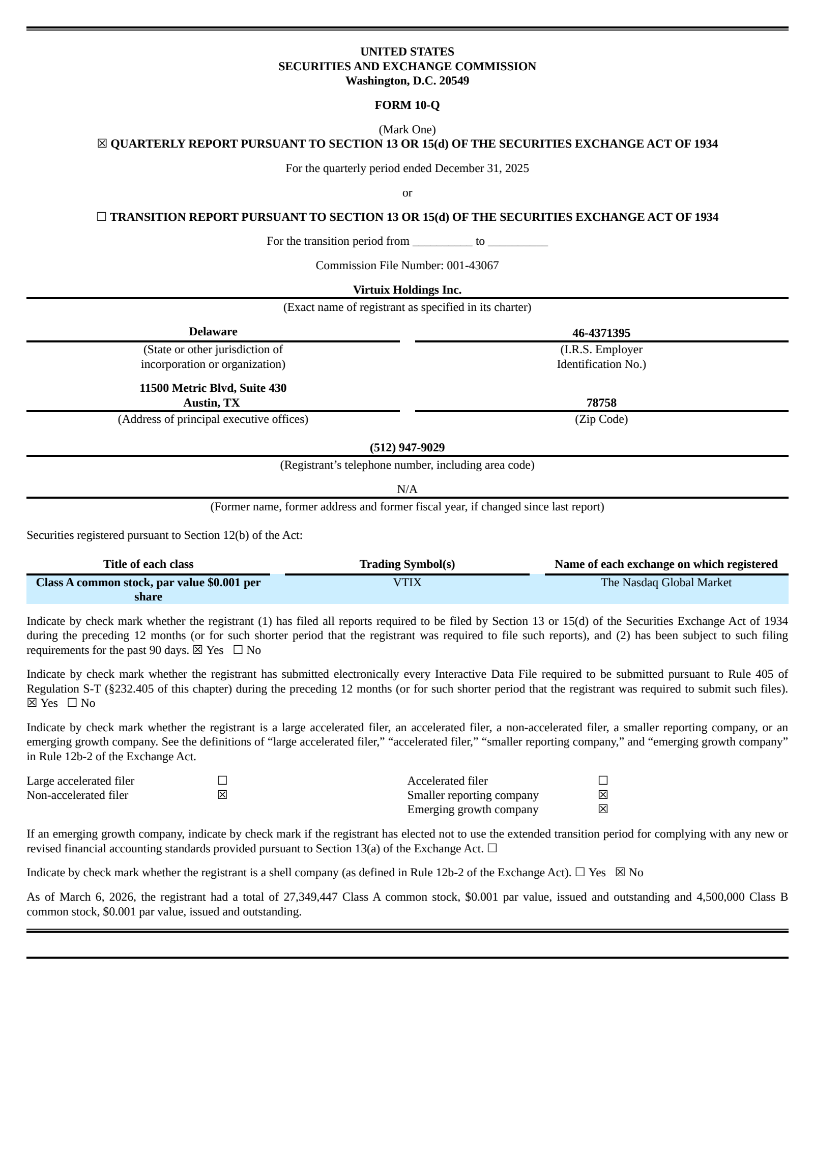 Virtuix's Q3 2026 Quarterly report