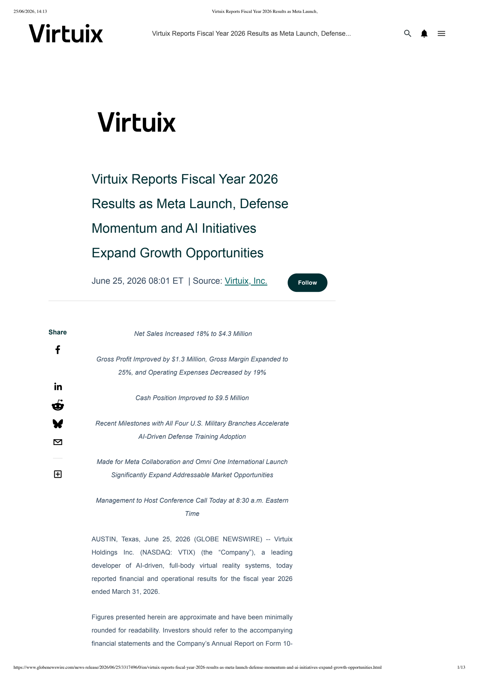 Virtuix's Q4 2026 Press Release